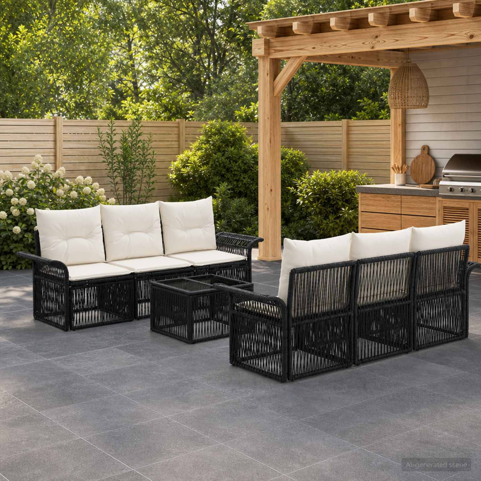 Außenterrasse mit zwei schwarzen Korbsofas, einem Glascouchtisch und cremefarbenen Kissen auf einem gefliesten Deck neben einer Holzpergola und einem Grillbereich.