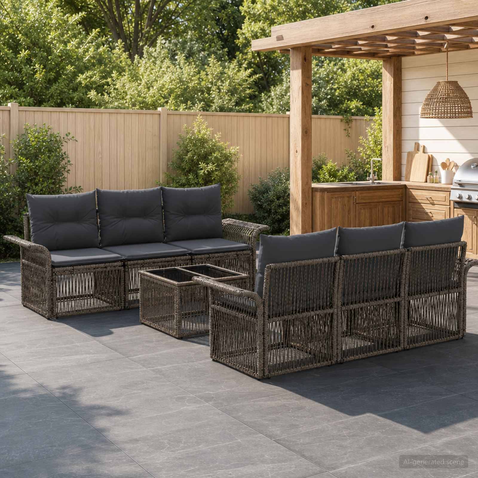 Outdoor-Terrasse mit zwei dunklen Rattansektionalsofas und Glastische neben einer Pergola im Hinterhof und einem Grillbereich.