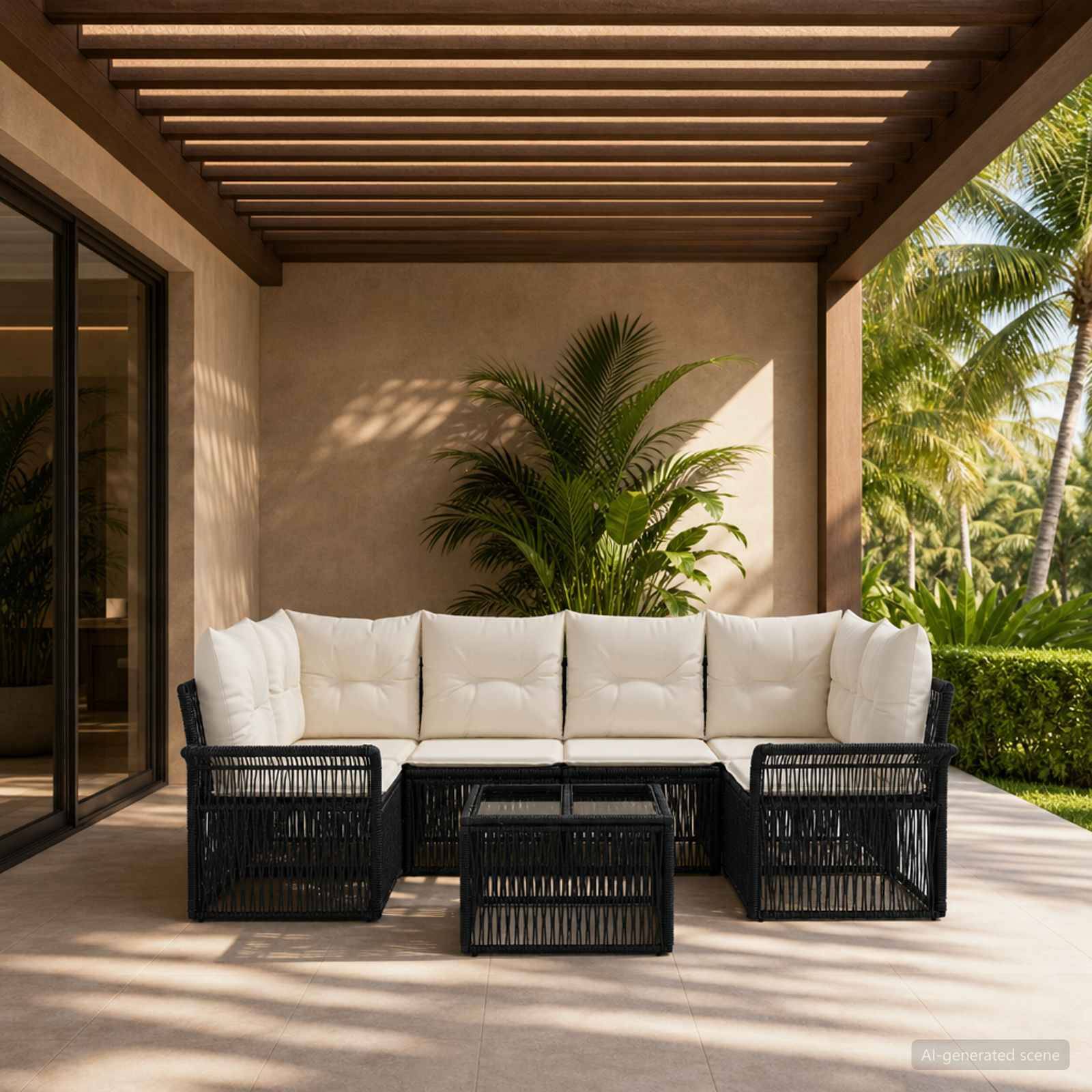 Außenterrasse mit einem weißen gepolsterten Ecksofa und schwarzen Rattanstühlen unter einer Holzpergola, neben tropischen Pflanzen und Palmen angeordnet.