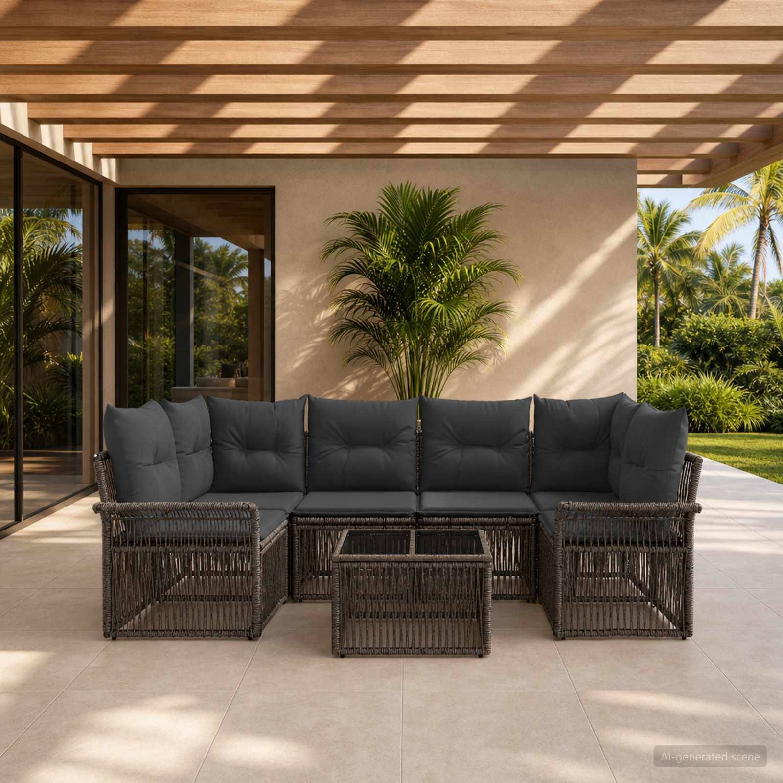 Outdoor-Terrassenbereich mit einem dunklen Polyrattan-Ecksofa, passendem Couchtisch und großer Topfpalme unter einer Lamellenpergola.