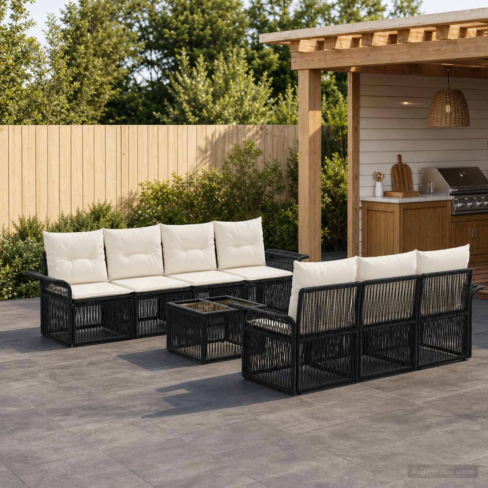 Outdoor-Sitzmöbel mit schwarzen Rattanmöbeln, weißen Kissen und passendem Couchtisch neben einer Pergola im Hinterhof und Grillbereich.