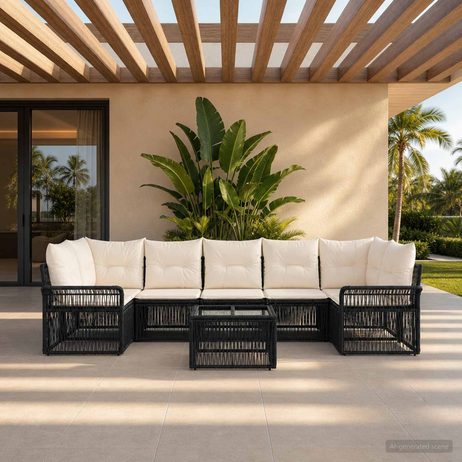Outdoor-Sitzbereich mit weiß gepolsterter Eckgarnitur und schwarzen Rattanstühlen unter einer Lamellenpergola, mit tropischen Pflanzen dahinter.