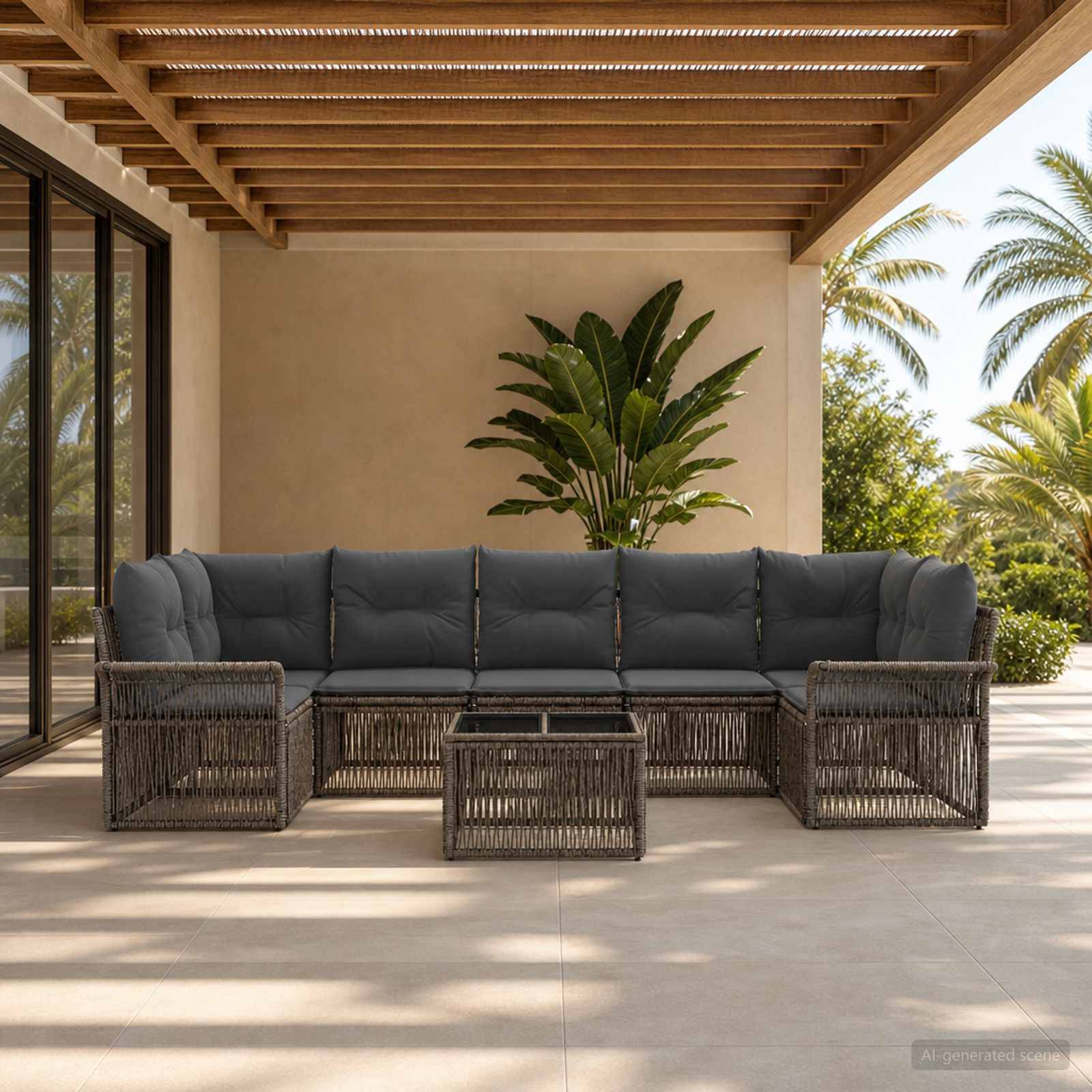 Terrasse im Freien mit einem dunklen Rattan-Ecksofa und Couchtisch unter einer Holzpergola, mit einer Topfpflanze und Palmen im Hintergrund.
