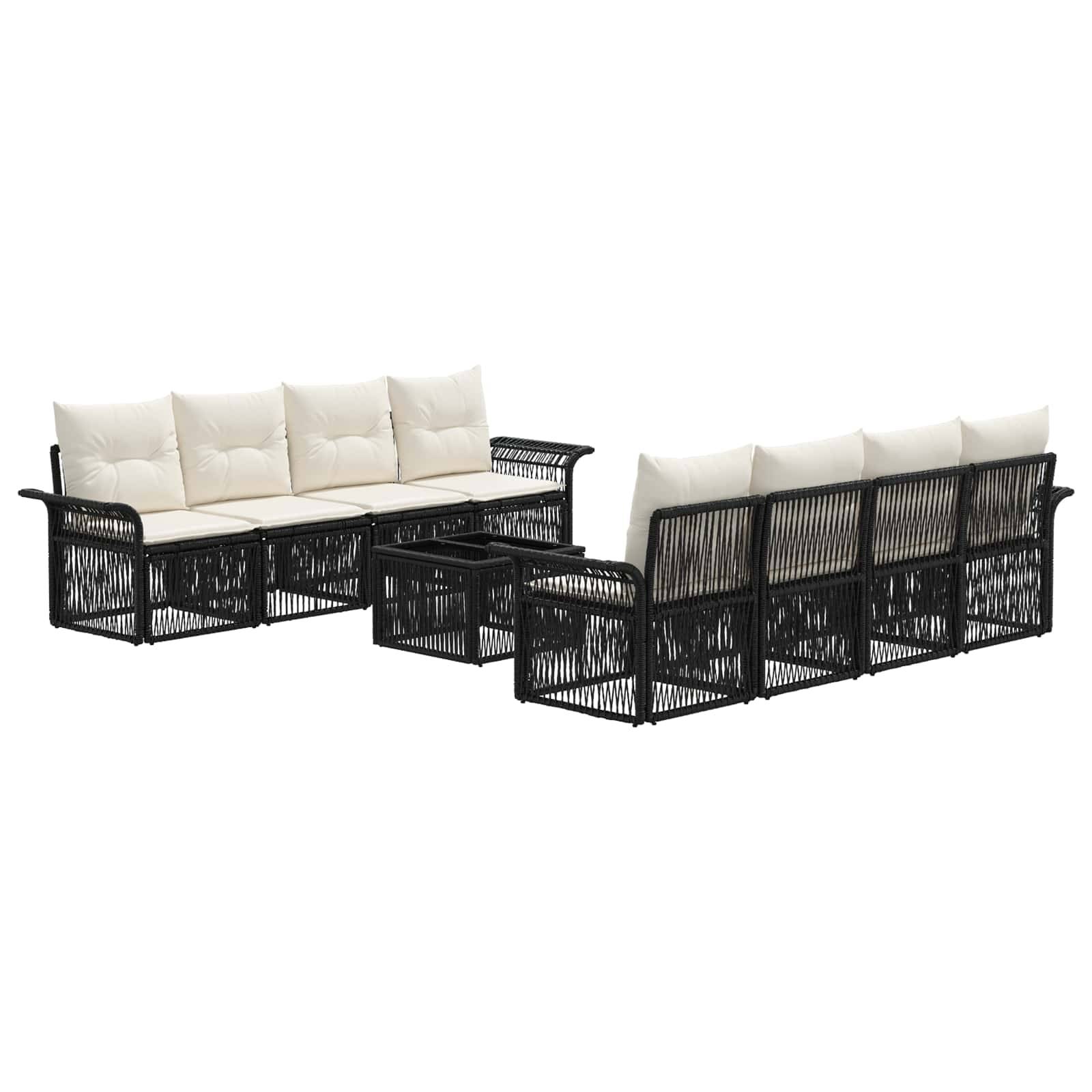 Schwarze Polyrattan-Gartensofagarnitur mit cremefarbenen Kissen, bestehend aus zwei Sofas, einem Ecksessel und einem Couchtisch mit Glastischplatte