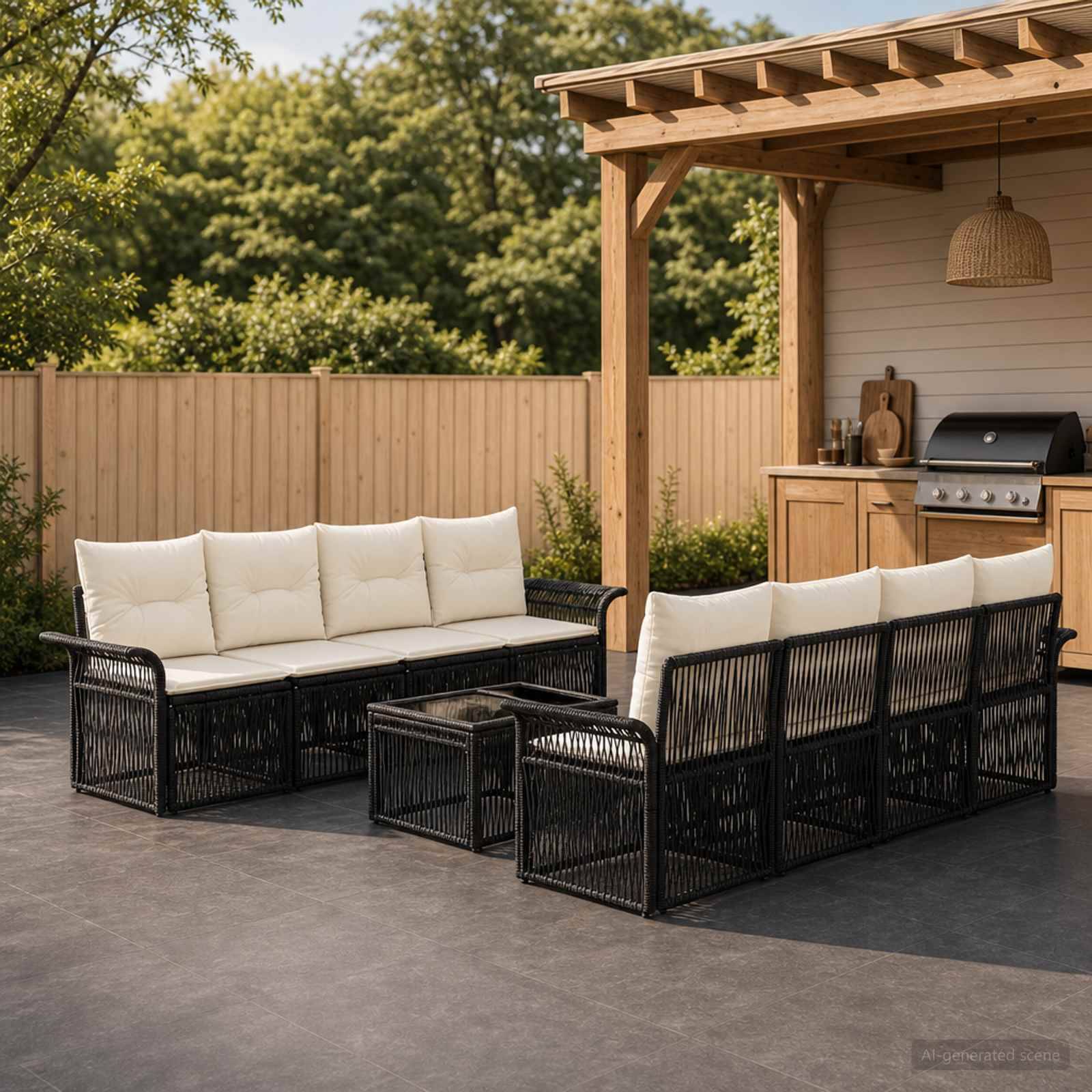 Außenterrasse mit schwarzer Rattan-Eckgarnitur, cremefarbenen Kissen und Glascouchtisch neben einer überdachten Außenküche und einem Grill.