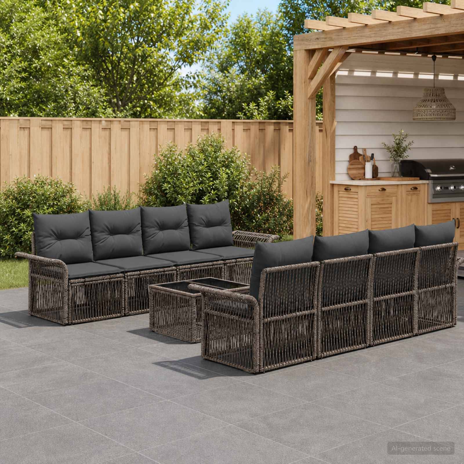 Gartenmöbelset für die Terrasse mit zwei geflochtenen Rattansofas und dunklen Kissen, die auf einer Betonterrasse neben einem Holzzaun und einem pergolarüberdachten Grillbereich angeordnet sind.