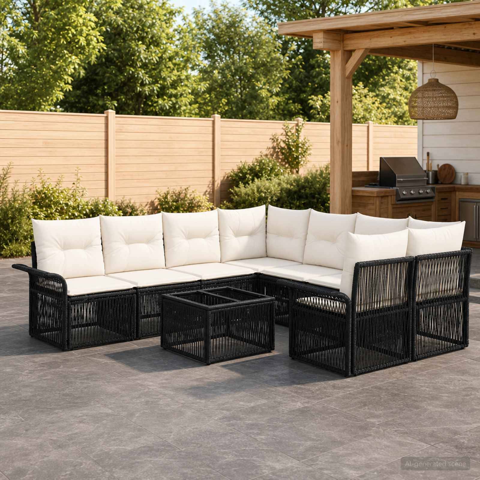 Outdoor-Patio-Ecksofa mit weißen Kissen und schwarzem Rattanrahmen, angeordnet um einen quadratischen Couchtisch in einem Sitzbereich im Hinterhof.