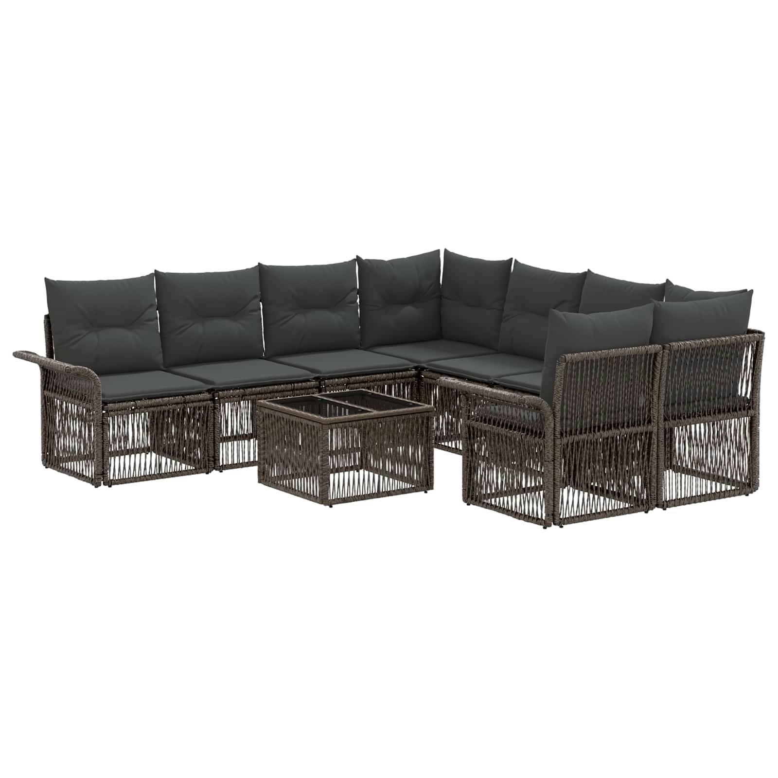 L-förmiges Outdoor-Ecksofa-Set mit dunklen Kissen, Rattangestell und passendem quadratischem Couchtisch.