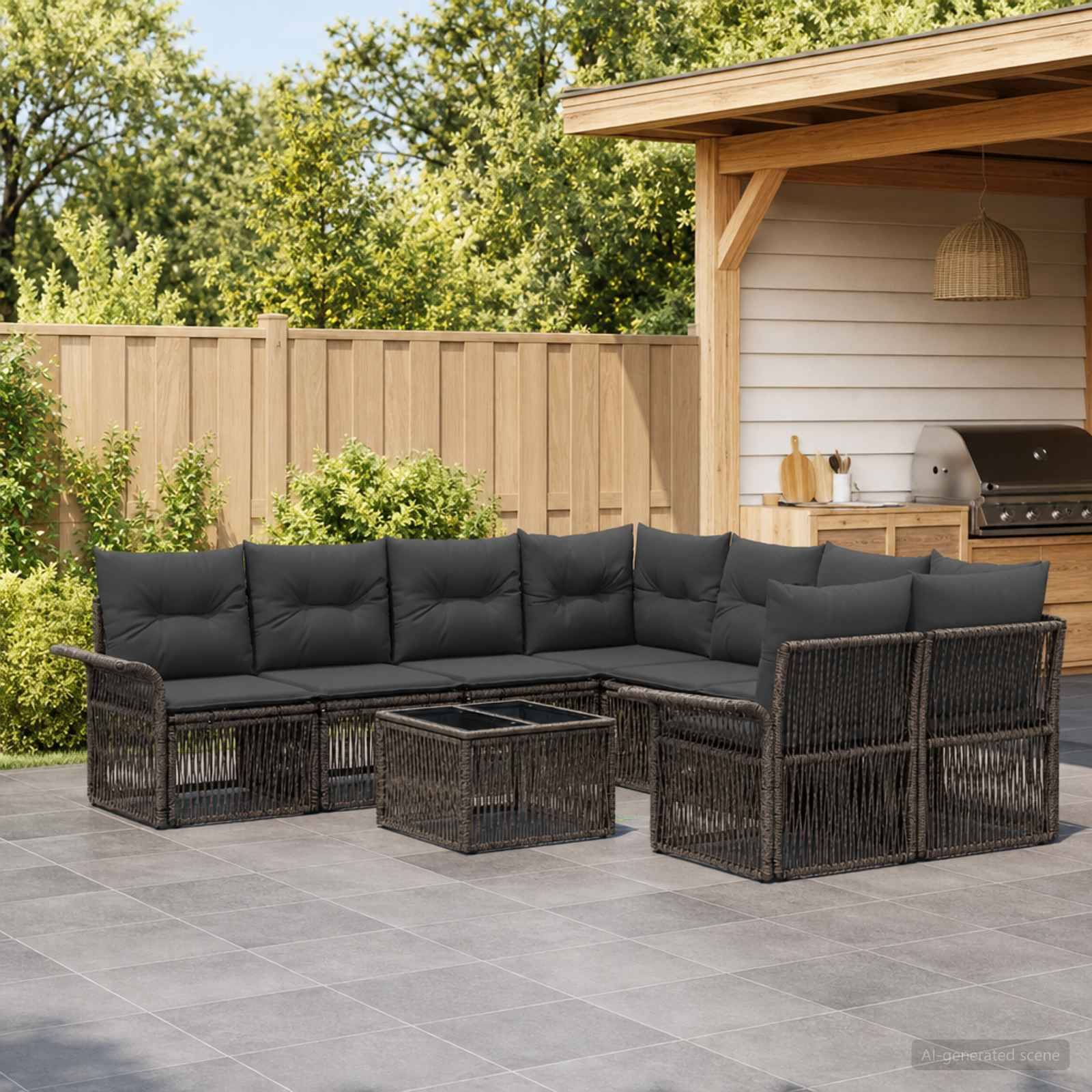 Terrasse im Freien mit einem schwarzen Rattan-Ecksofa und passendem Couchtisch neben einem Holzzaun und einem Grillbereich im Hof.