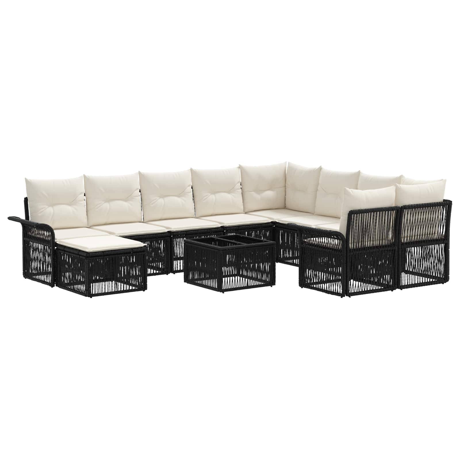 Schwarzes Rattan-Lounge-Set für den Außenbereich mit cremefarbenen Kissen und zwei quadratischen Couchtischen