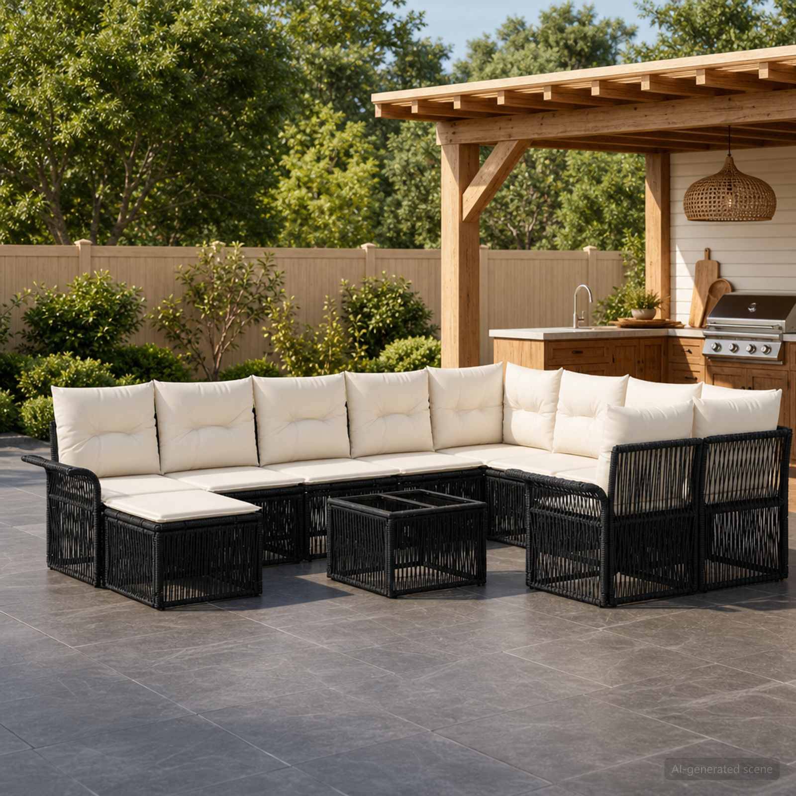 Moderne Außenterrasse mit einem L-förmigen schwarzen Korbsektional und cremefarbenen Kissen um einen niedrigen Glastisch, neben einer hölzernen Pergola-Küche und einem Grill.