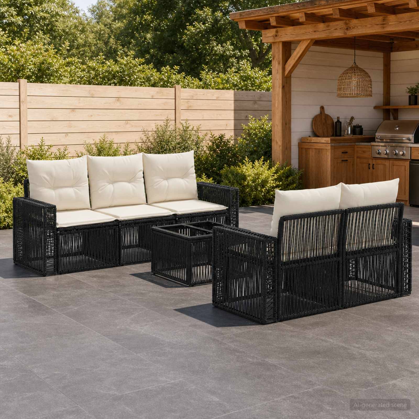 Gartenmöbel-Set für die Terrasse mit schwarzem Polyrattan-Sofa, Sesseln und Couchtischen auf einer Steinterrasse neben einer Holz-Pergola und einer Außenküche.