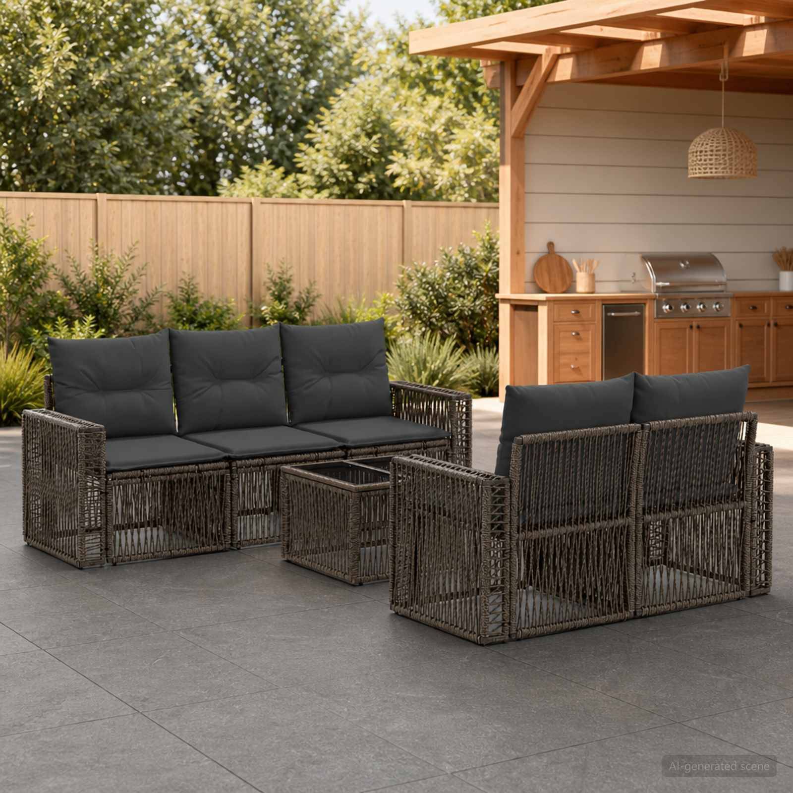 Außenbereich-Sitzmöbel-Set mit zwei dunkelwicker-Sofas, einem Couchtisch und Kissen neben einer Gartenküche und einem Zaun.