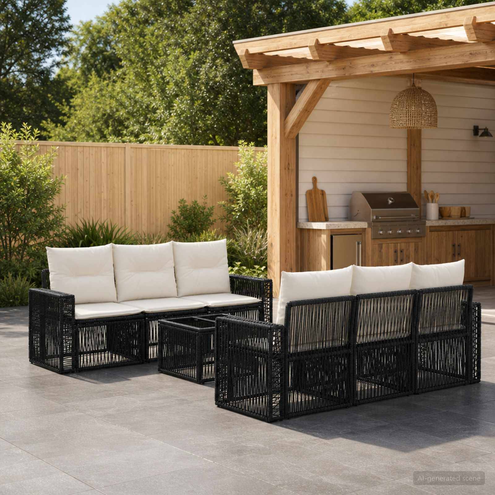 Außenbereich mit Sitzmöbeln auf der Terrasse mit zwei schwarzen Rattansofas und einem dazu passenden Couchtisch neben einer Holz-Bartheke im Hinterhof und einer Pergola.