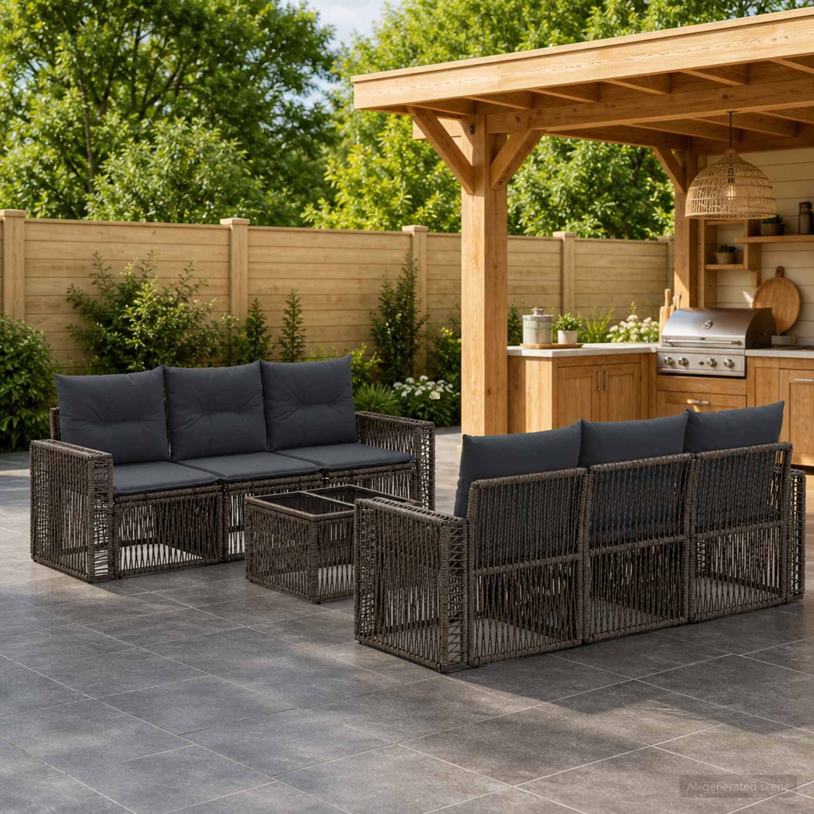 Terasse im Freien mit zwei dunklen Korbsofas und passendem Tisch neben einer Holzpergola mit Küche und Grillbereich in einem eingezäunten Hinterhof.