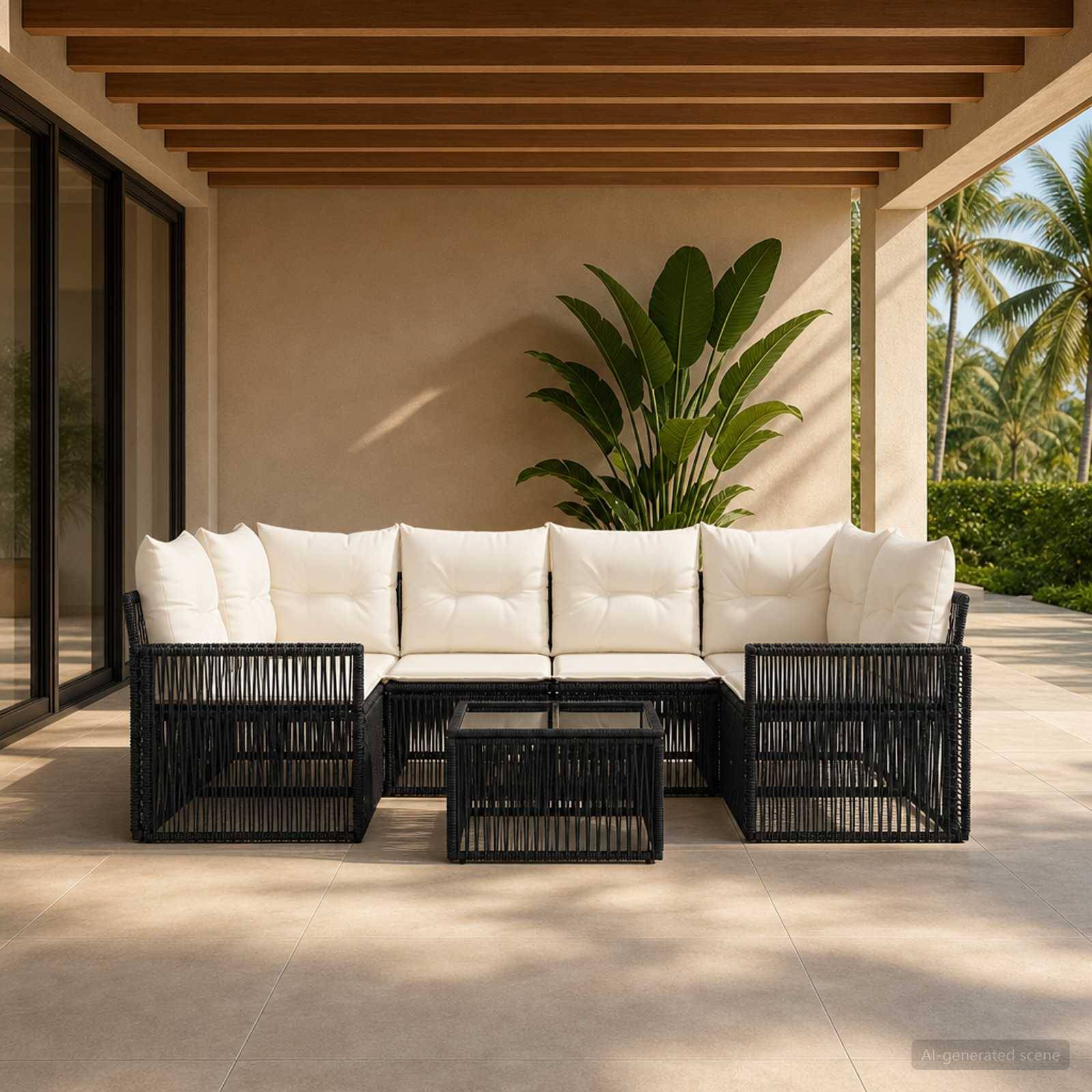 Überdachte Terrasse mit schwarzem Korbgeflecht-Ecksofa und Couchtisch, weißen Kissen, unter einer überdachten Pergola mit tropischen Pflanzen und Palmen.