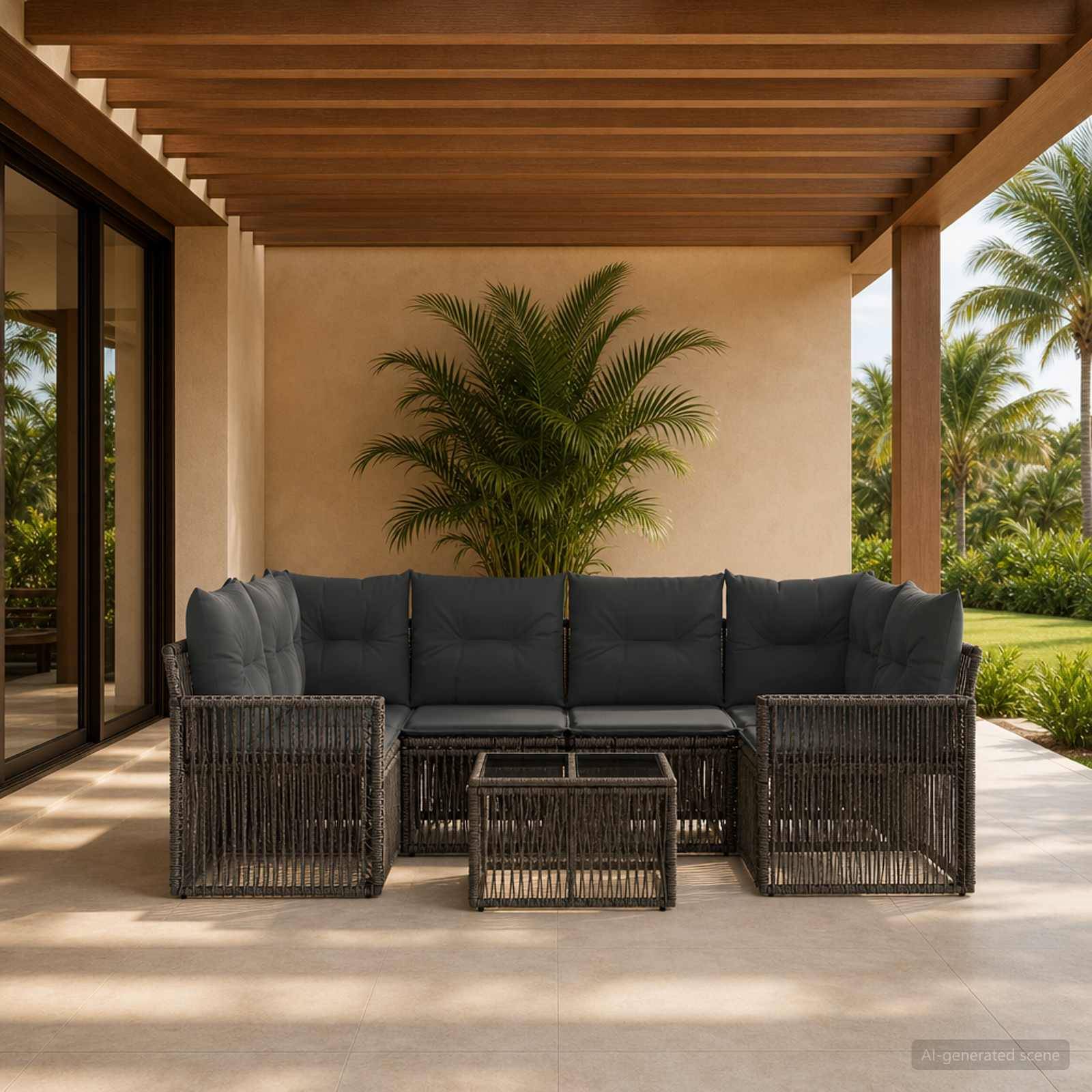 Moderne Außenterrasse mit Korbsofa, zwei Stühlen und Couchtisch unter einer Holzpergola, mit Palmen und Rasen im Hintergrund.