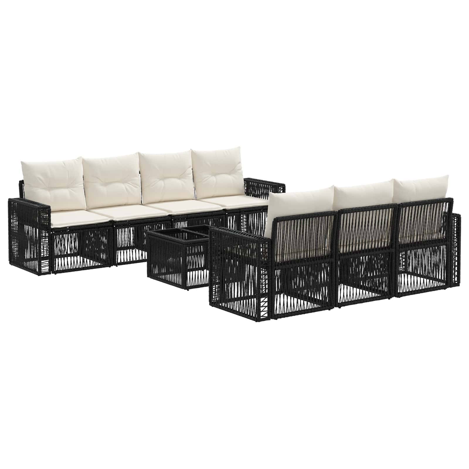 Schwarzes Rattan-Außensektionalsofa mit crèmefarbenen Kissen, einschließlich modularer Bestuhlung und passendem Couchtisch.