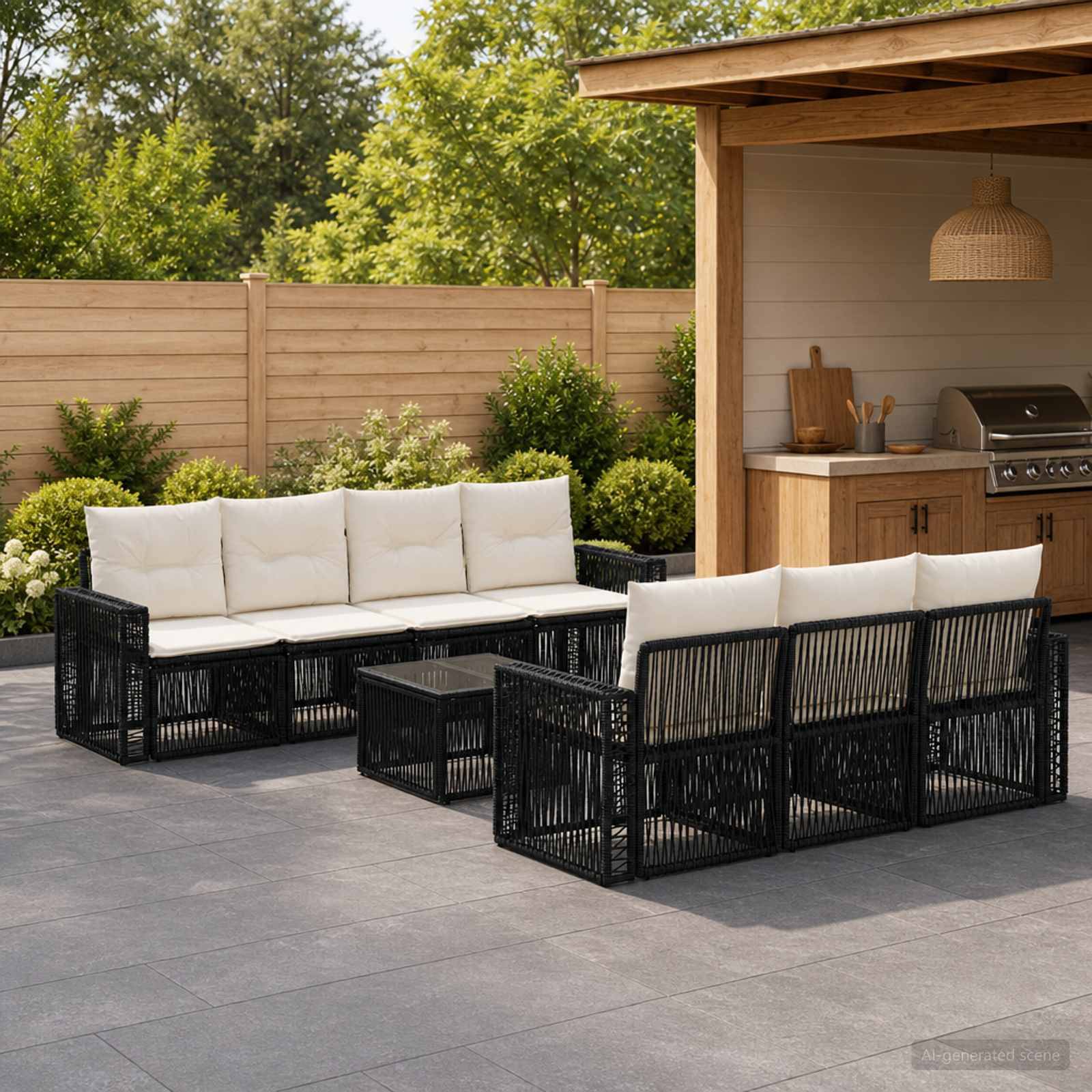 Außenterrasse mit schwarzem gewebtem Ecksofa, Couchtischen und einem überdachten Grillbereich neben einem Holzzaun und Grünflächen.
