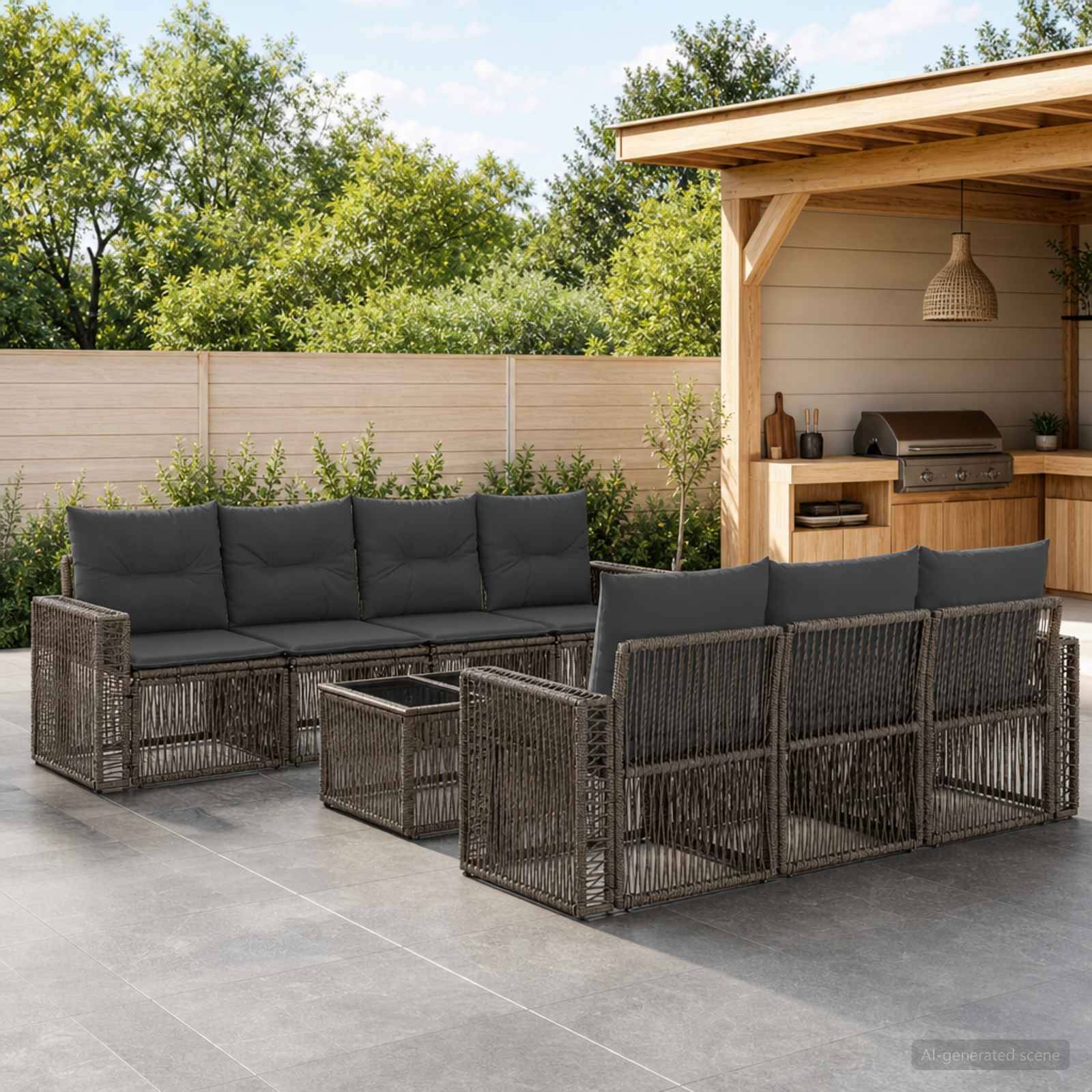 Außenpatio mit dunklem Rattan-Ecksofa und passenden Couchtischen neben einer hölzernen Gartenbar und Grill unter einer Pergola.