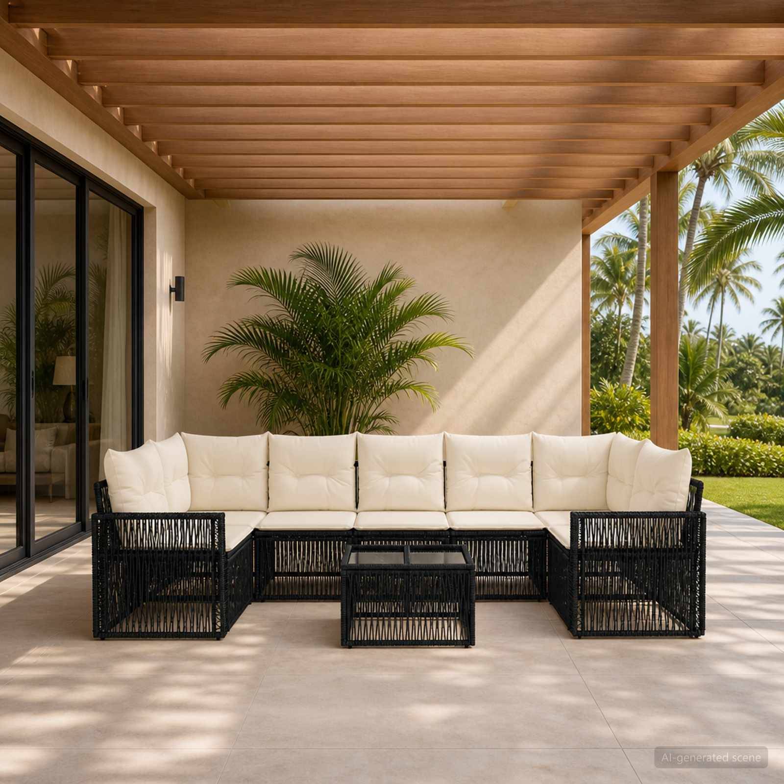 Terrasse im Freien mit cremefarbigem Ecksofa und schwarzen geflochtenen Stühlen unter einer Holzpergola, neben Glasschiebetüren und Palmen.
