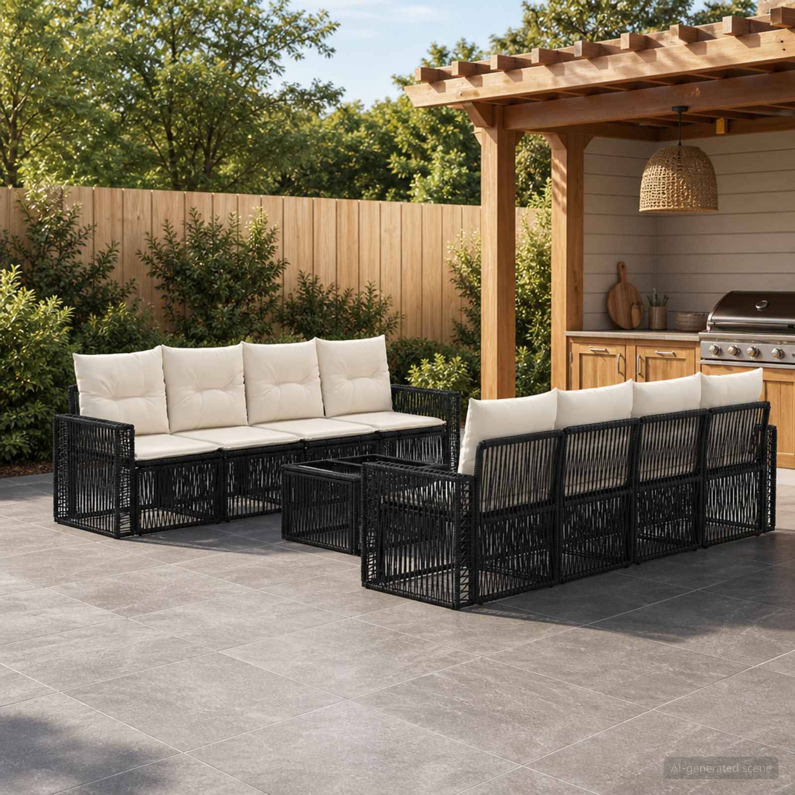 Modernes Außenbereich-Sitzmöbel-Set mit schwarzen Rattan-Sofas, cremefarbenen Kissen und passendem Couchtisch neben einer Pergola und einem Grillbereich.