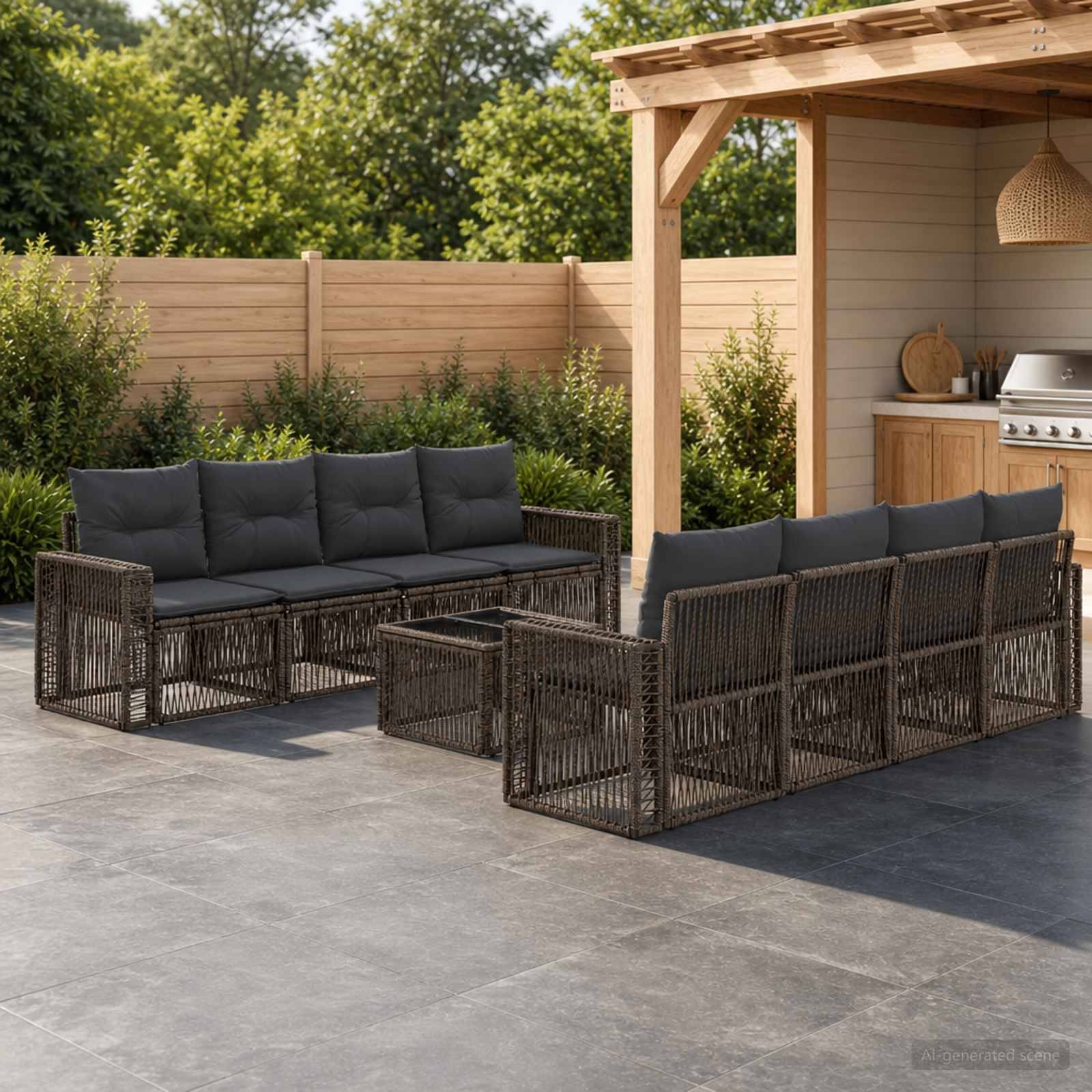 Terrasse im Freien mit zwei Korbsektionssofas, Couchtischen und schwarzen Kissen neben einer Holzpergola und einem integrierten Grillbereich.