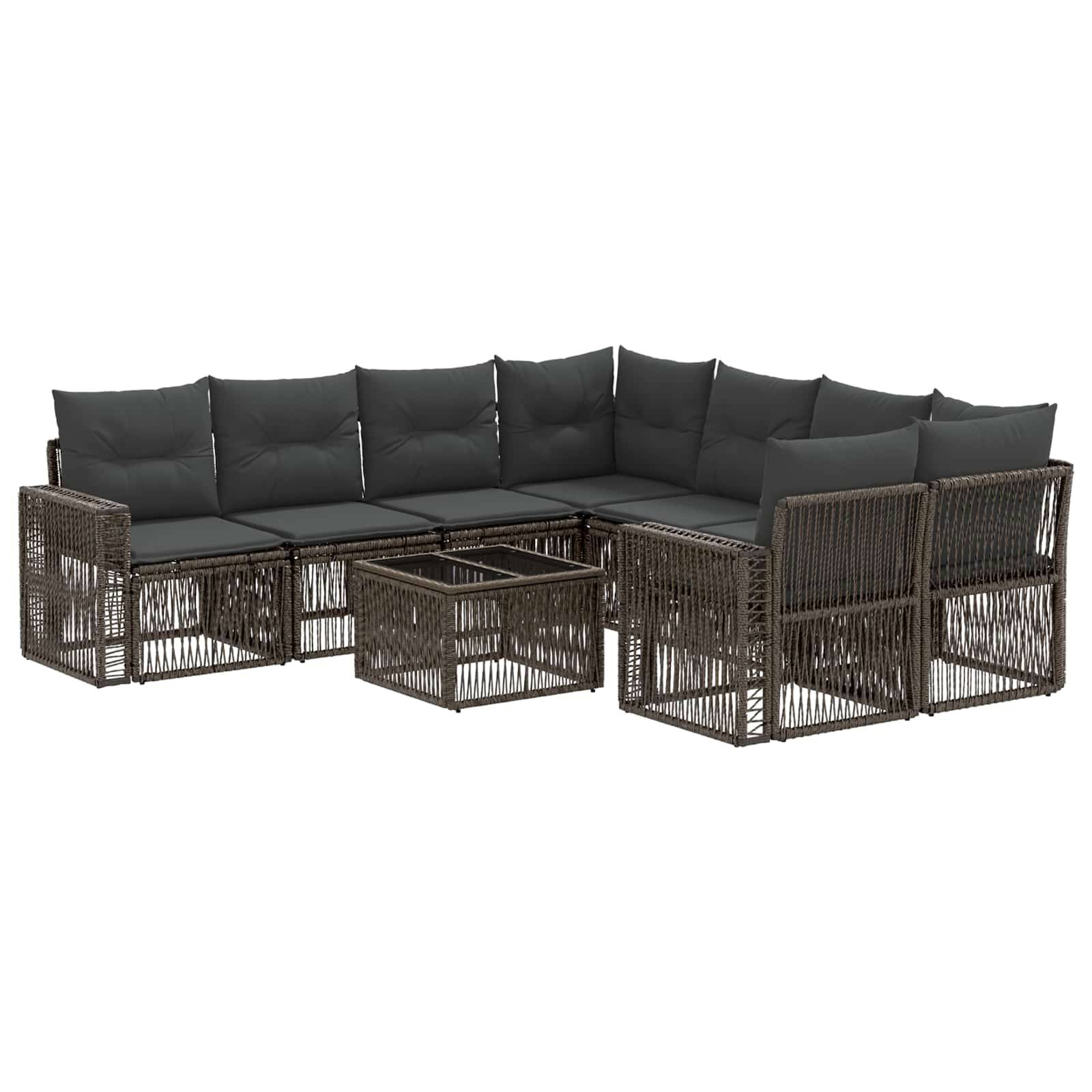Braunes Flechtwerk-Modulares Außen-Ecksofa mit dunkelgrauen Kissen und passendem quadratischen Couchtisch, auf weißem Hintergrund gezeigt
