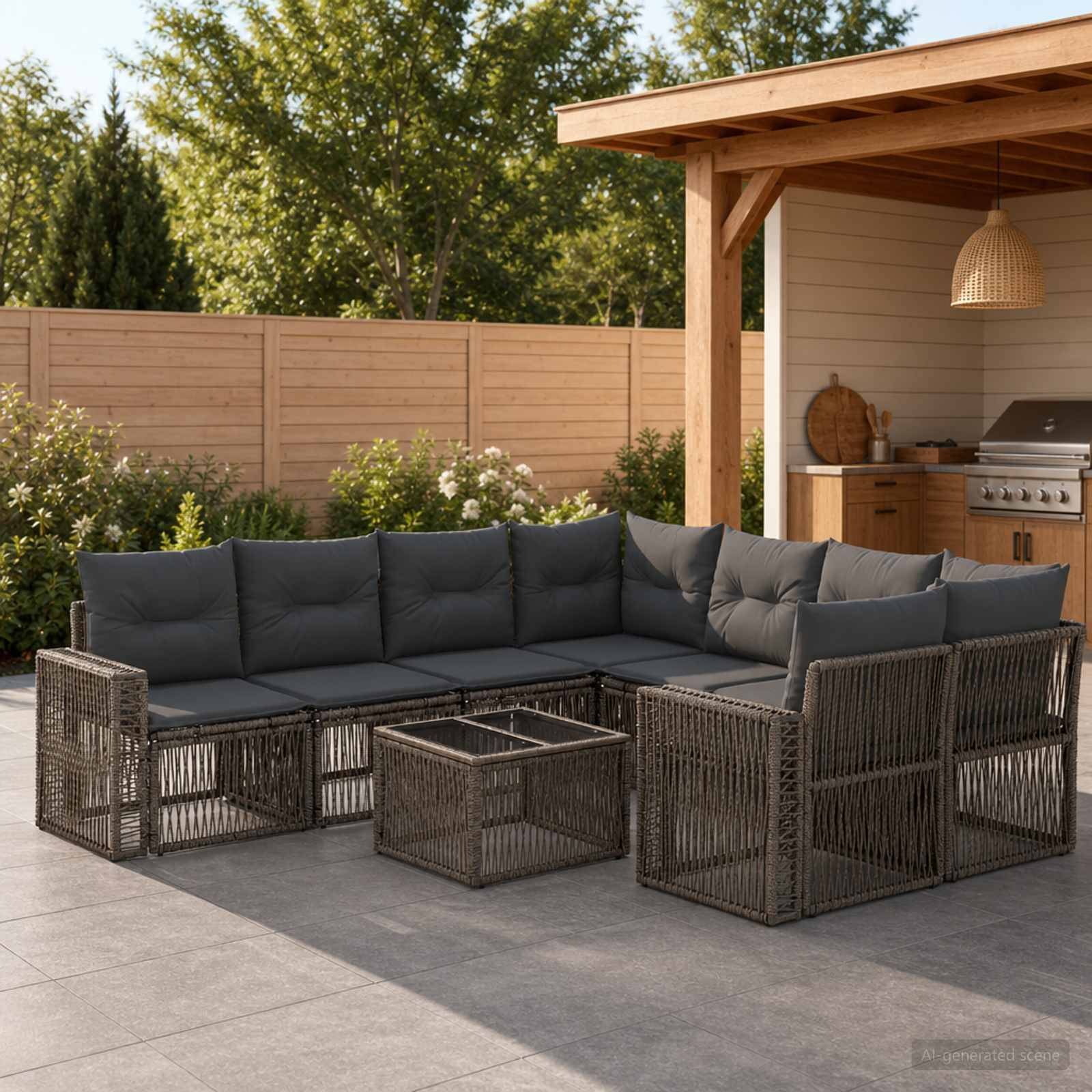 Outdoor-Terrasse mit dunklem Rattan-Ecksofa, passendem Couchtisch und Grill unter einer Holzpergola neben einem eingezäunten Garten.