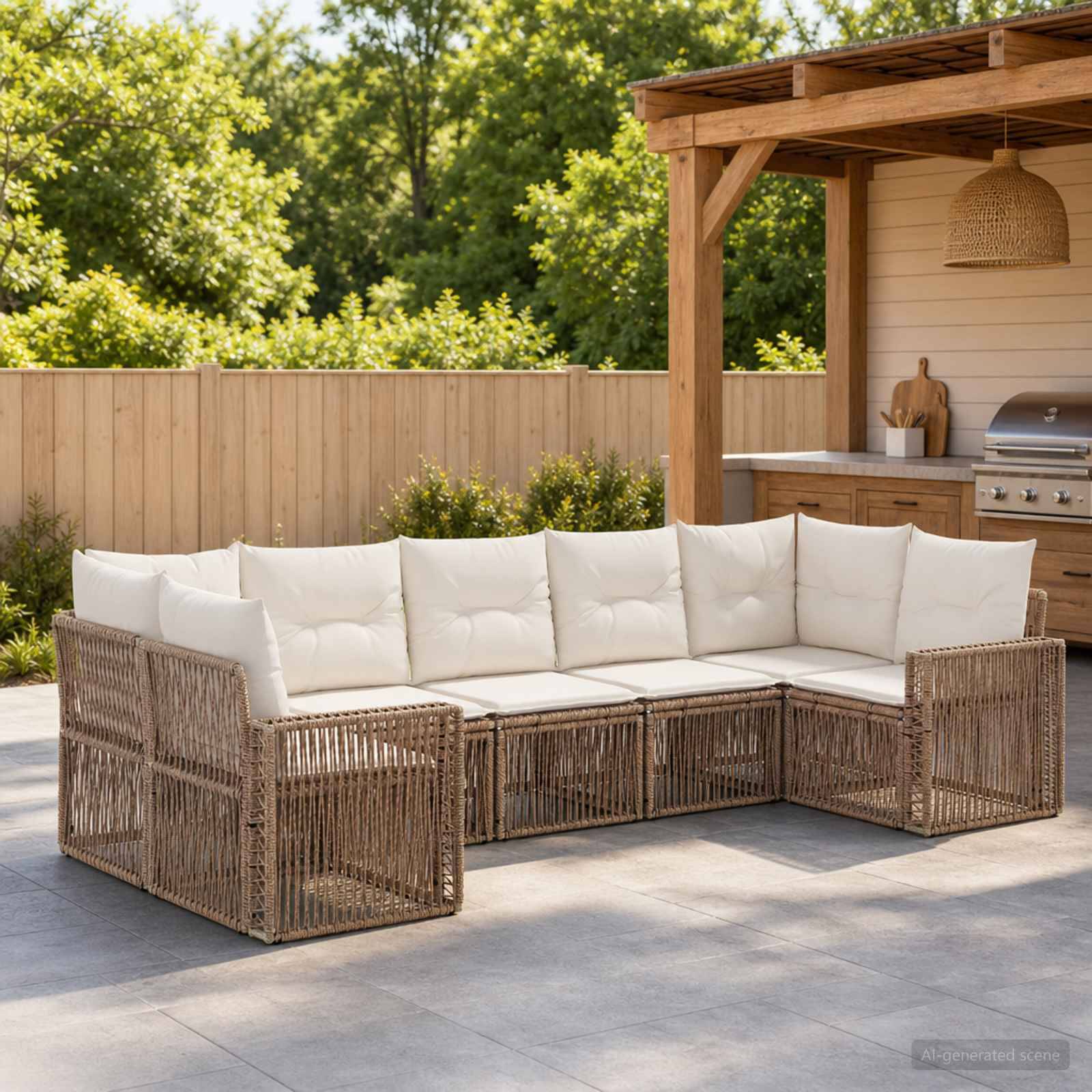 Outdoor-Terrasse mit einem L-förmigen Rattansektionalsofa mit weißen Kissen neben einem überdachten Grillbereich und Holzzaun.