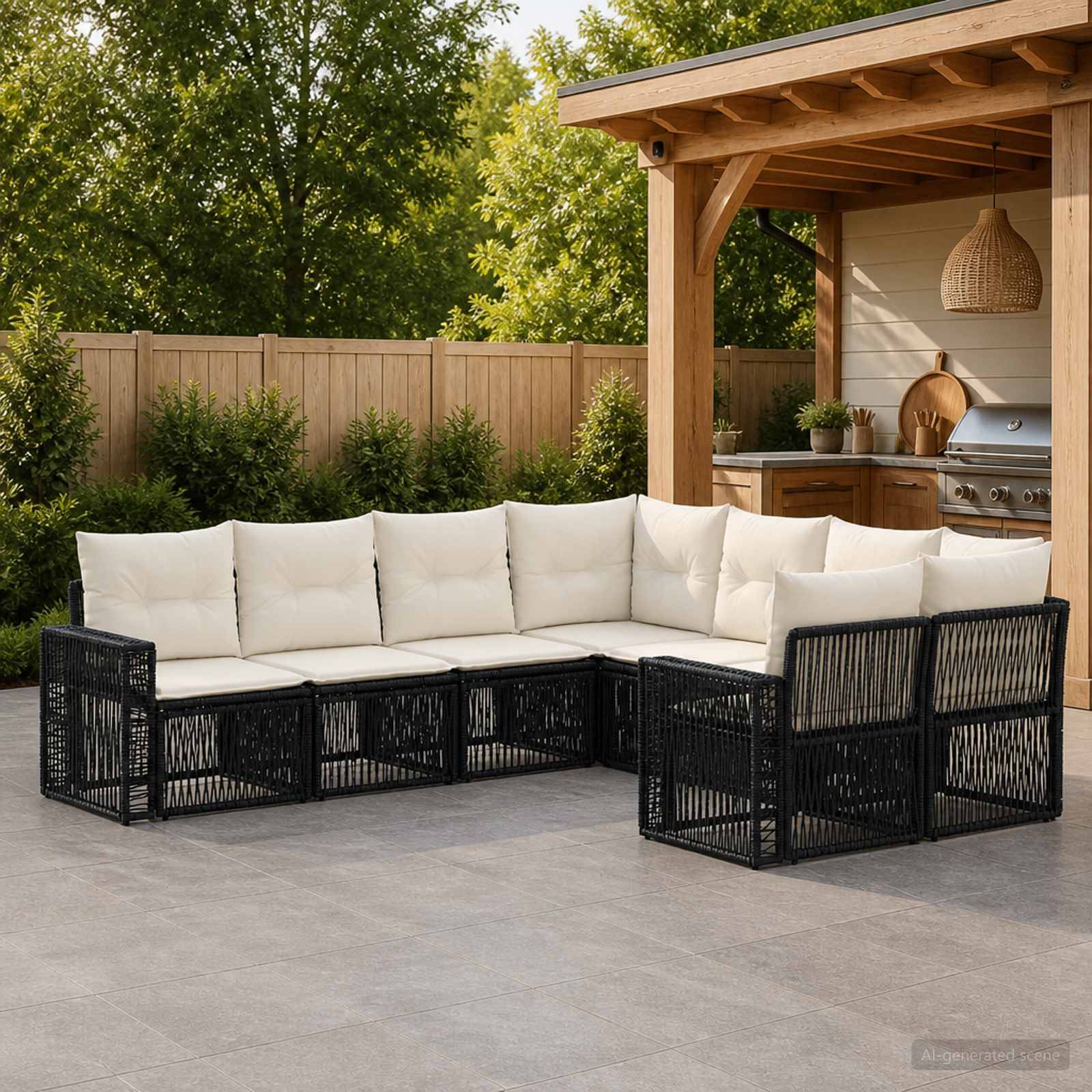 Außenbereich mit Terrassensitzplatz mit schwarzem Polyrattan-Ecksofa und cremefarbenen Kissen neben einem überdachten Grill und Holzzaun im Hinterhof.