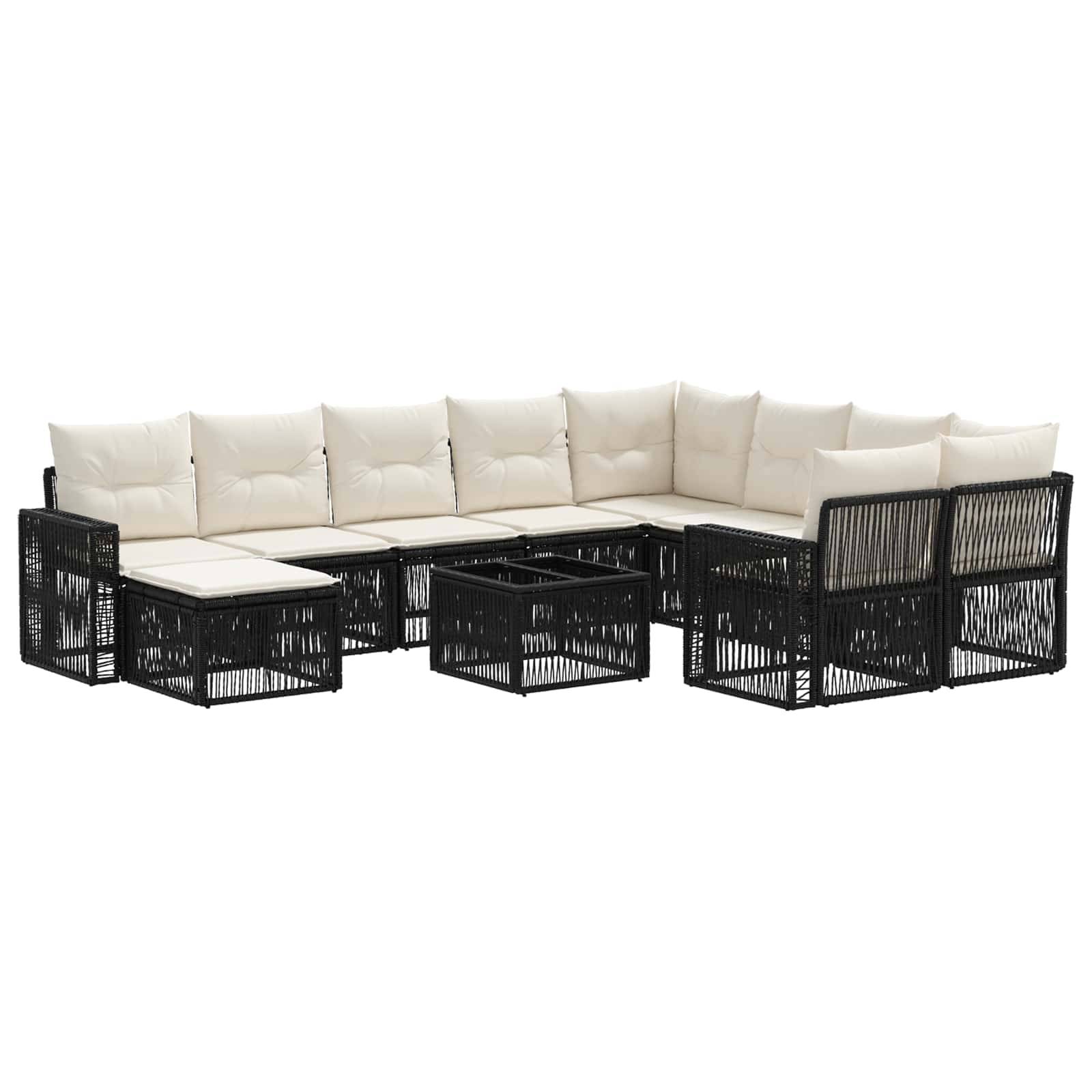 Schwarze Rattan-Gartensofagarnitur mit cremefarbenen Kissen und passendem Couchtisch, auf weißem Hintergrund dargestellt.