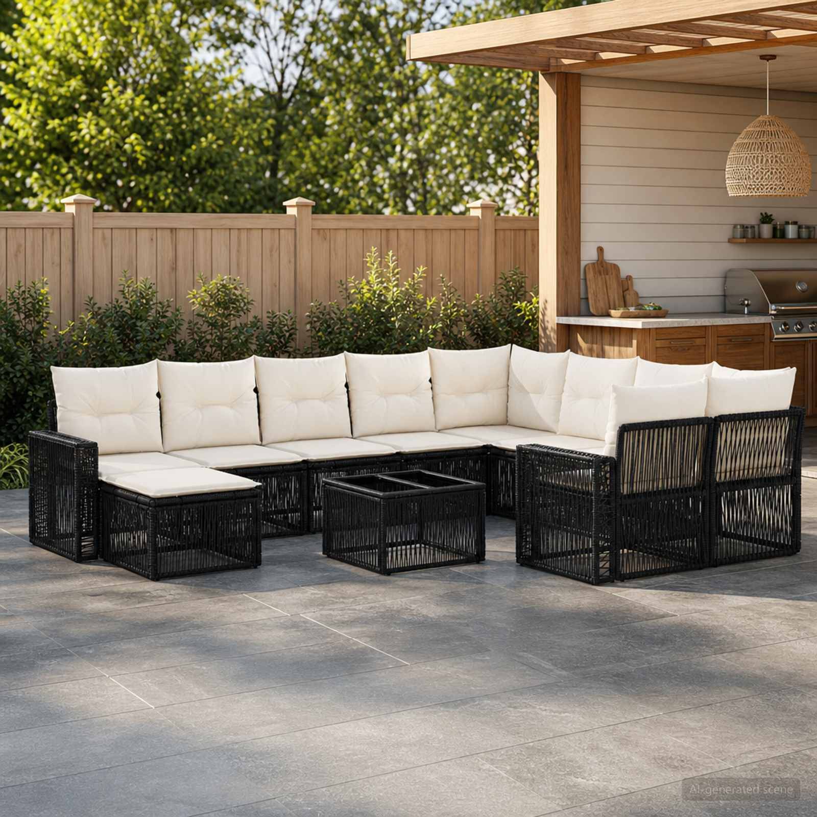 Outdoor-Sitzbereich auf der Terrasse mit schwarzem Rattan-Ecksofa und Couchtisch, gepolstert in Weiß, neben einer Außenküche und einem Zaun.