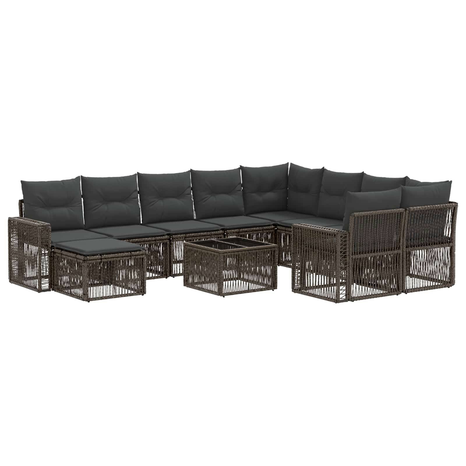 L-förmiges Outdoor-Loungesofa-Set mit dunkelgewebten Rahmen, schwarzen Kissen und zwei passenden quadratischen Couchtischen auf weißem Hintergrund.