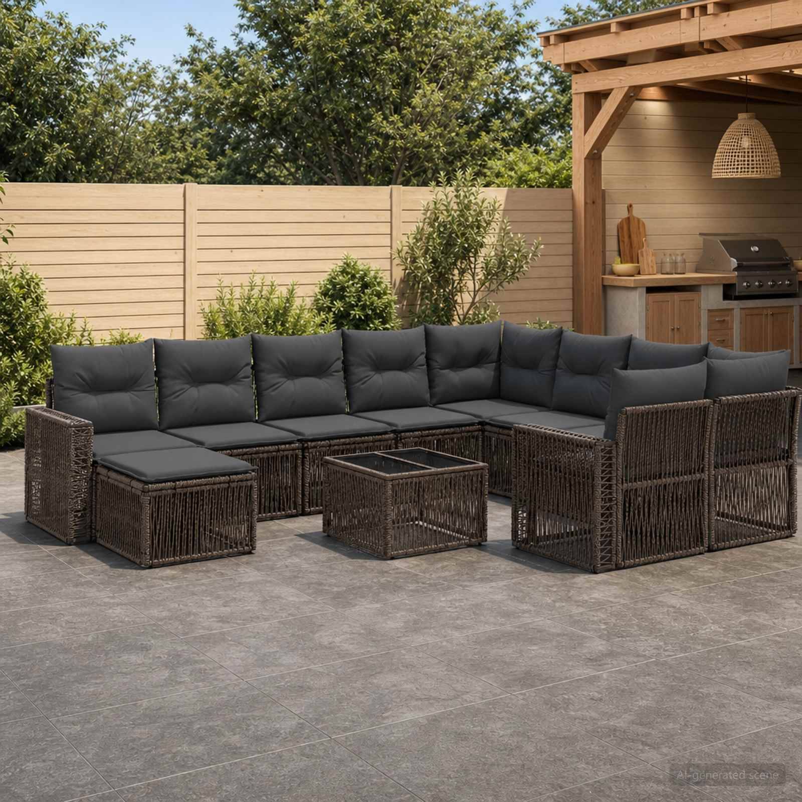 Terrasse im Freien mit dunklem Rattan-Ecksofa und Couchtisch neben einer Holzpergola und integriertem Grillbereich in einem eingezäunten Hinterhof.