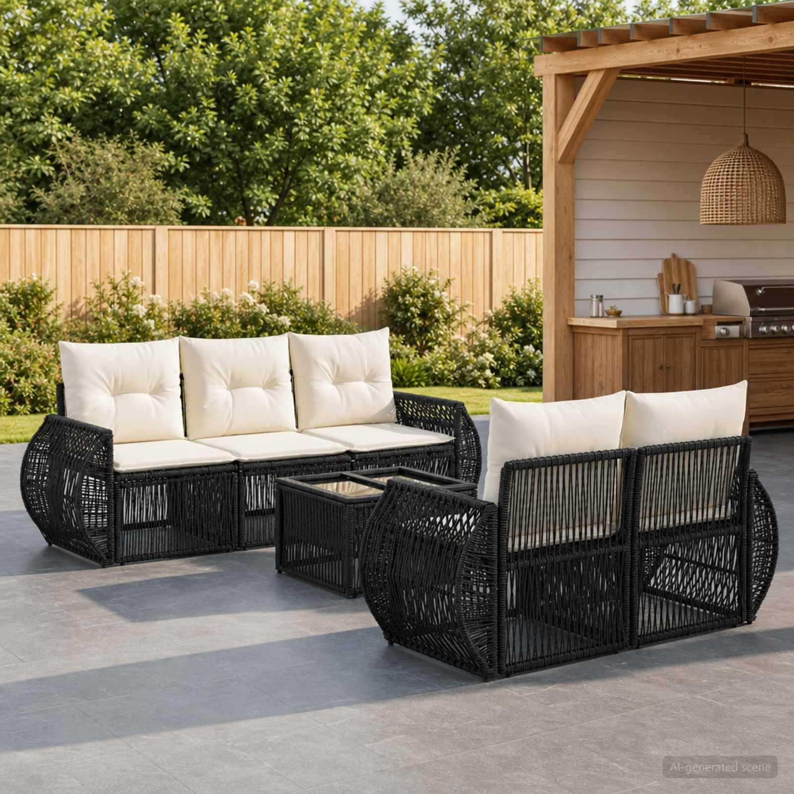 Gartenpolster-Sitzgruppe mit zwei schwarzen Korbsofas, cremefarbenen Kissen und einem passenden Couchtisch neben einer Pergola im Hinterhof und einem Garten.
