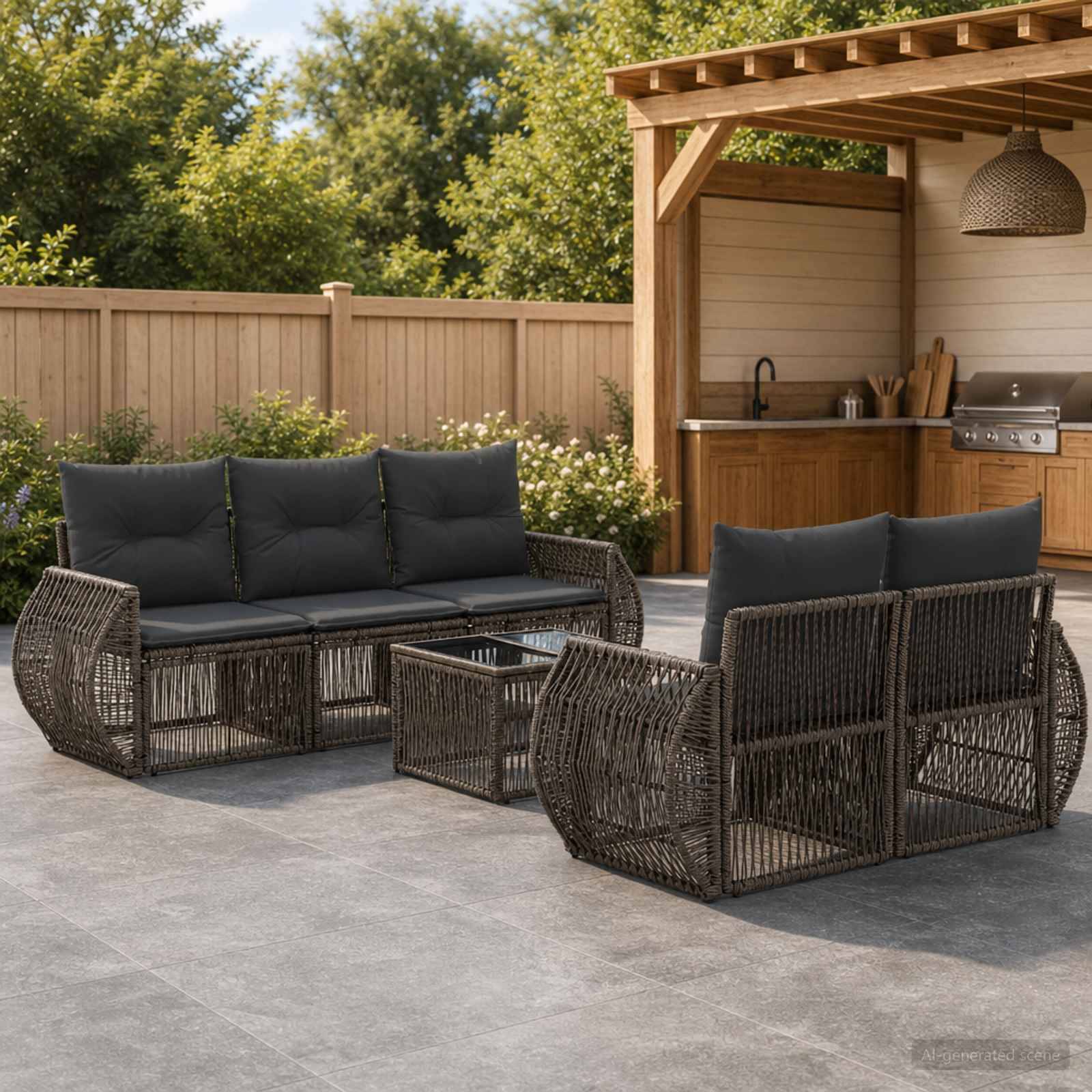 Außenterrasse mit zwei Korbsofas, einem passenden Couchtisch und einem offenen Pergola-Küchenbereich in einem umzäunten Hinterhof.