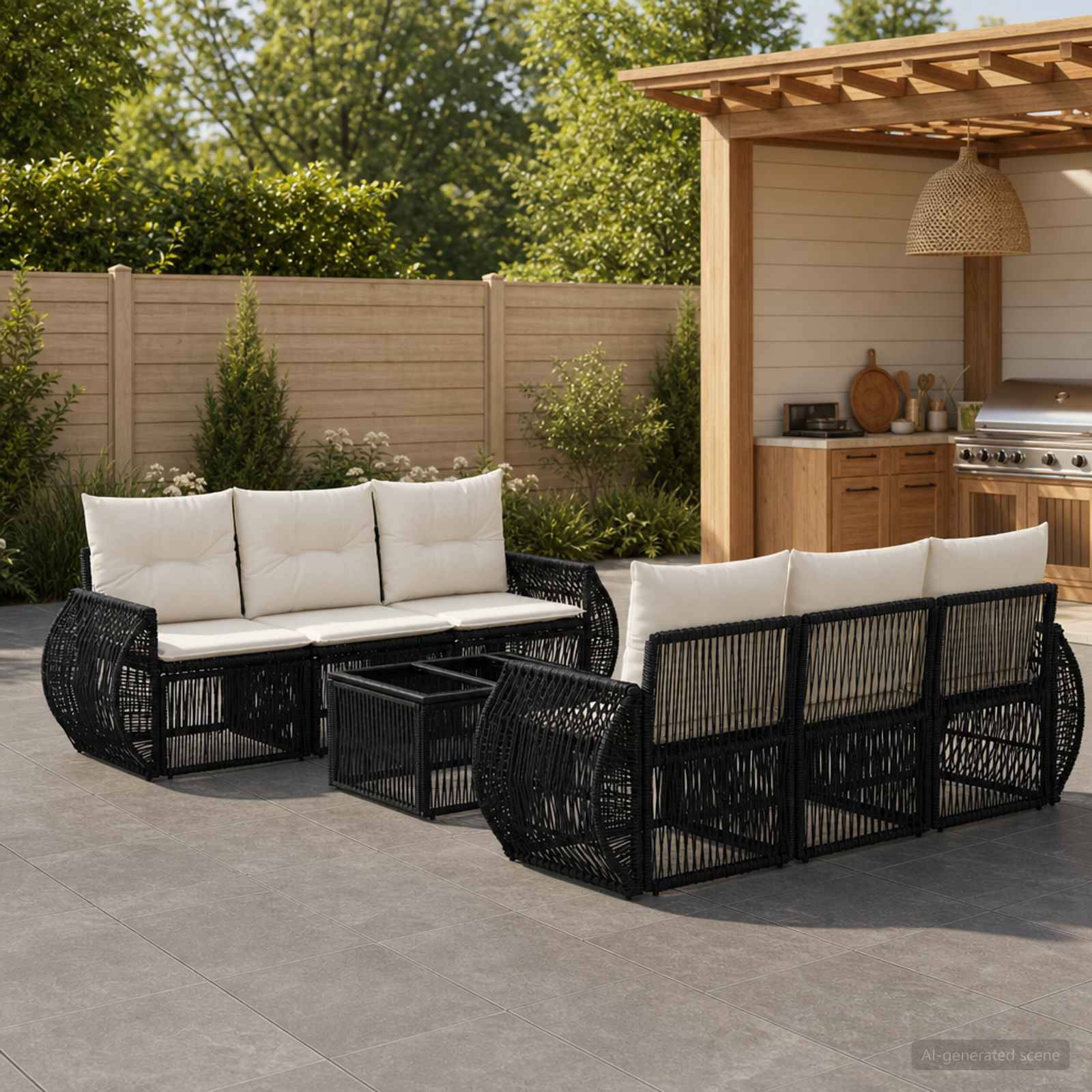 Outdoor-Sitzbereich mit zwei schwarzen Korbsofas, weißen Kissen und verschachtelten Couchtischen neben einer überdachten Outdoor-Küche.