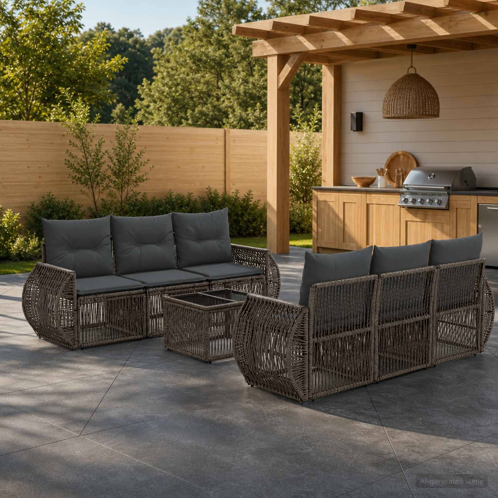 Außenbereich mit Terrassensitzplatz mit zwei Korbsofas, einem Couchtisch und einem Grill unter einer hölzernen Pergola neben einem Gartenhaus im Hinterhof.