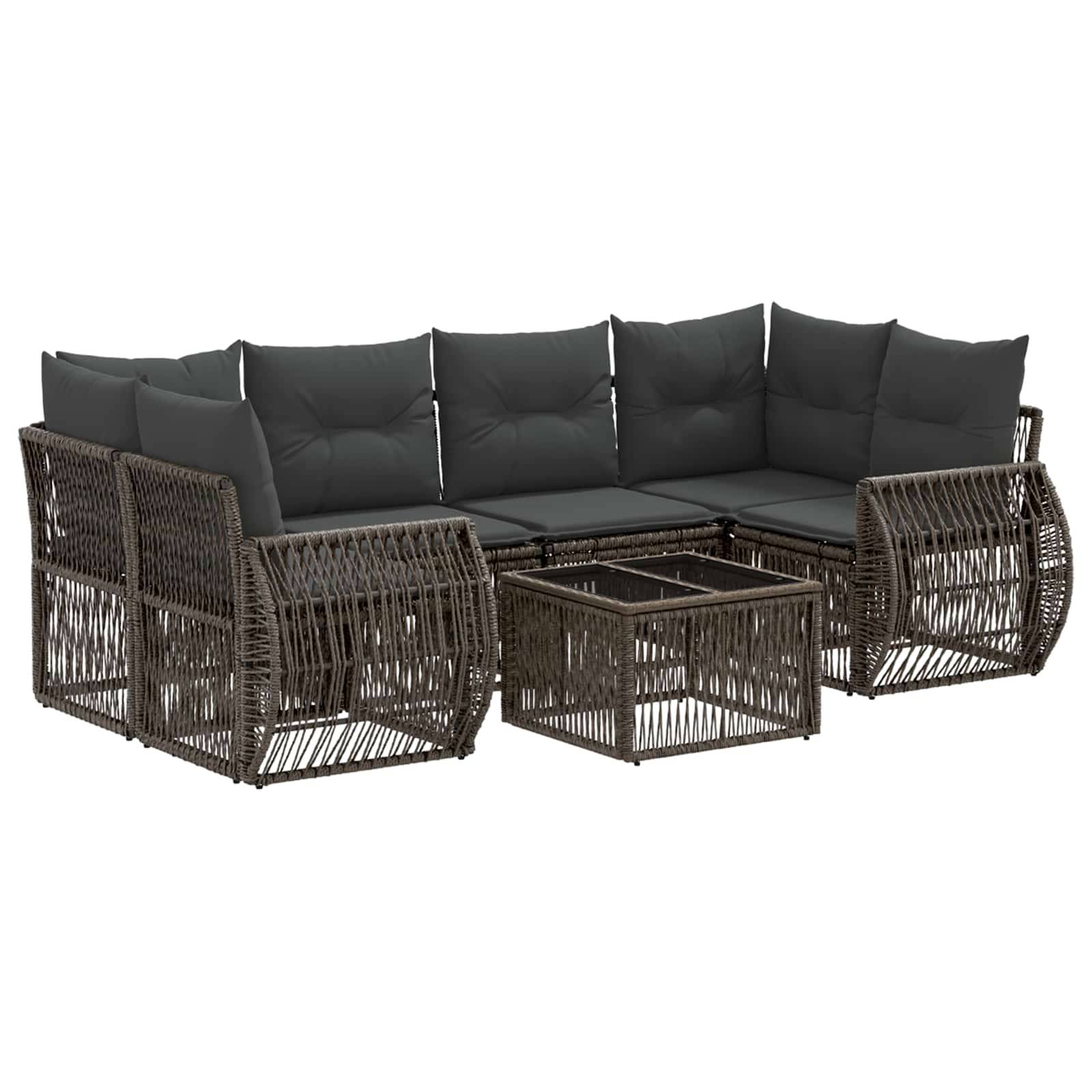 Modulares Gartensofaset aus Polyrattan mit dunklen Kissen und quadratischem Glastisch