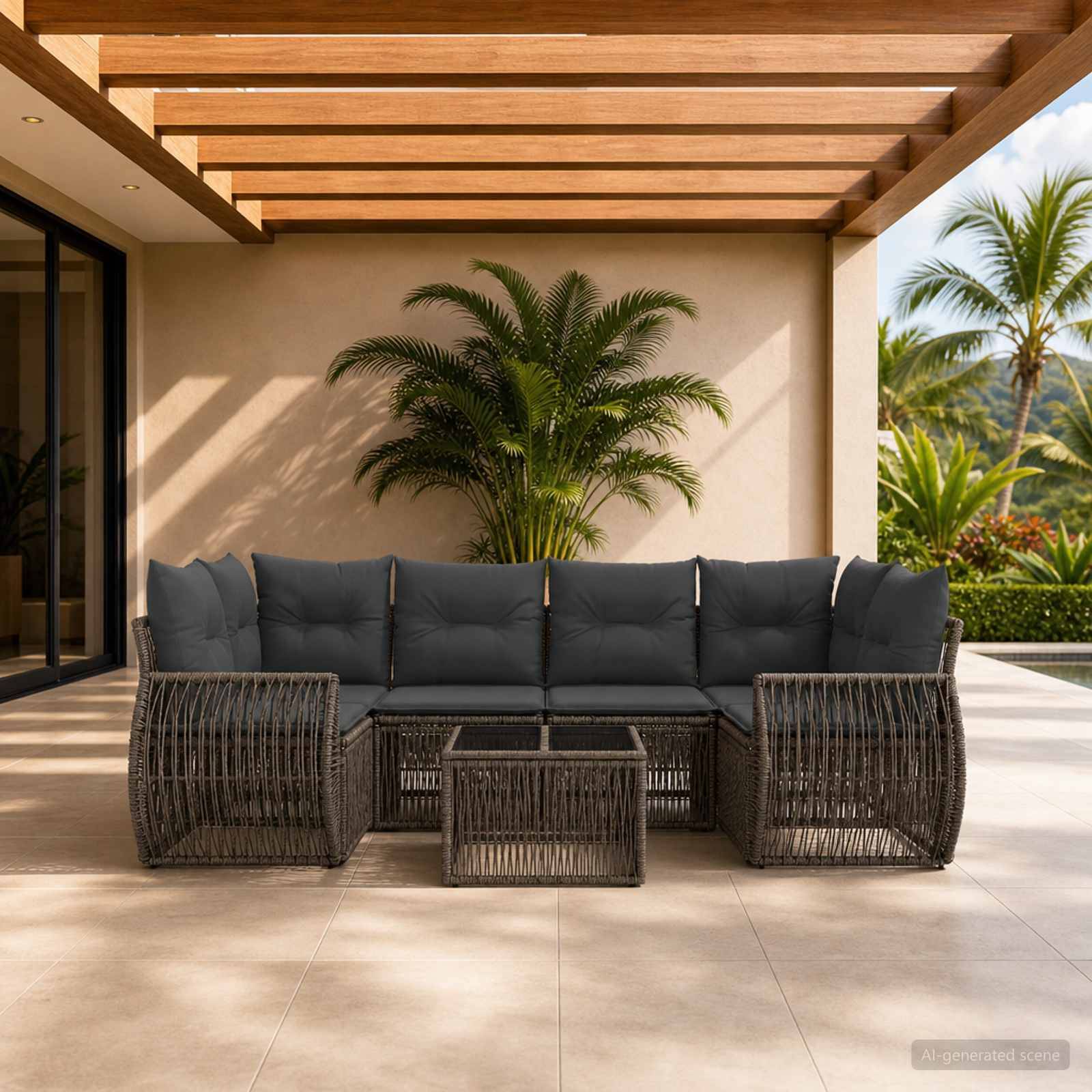 Außenpatio mit Wicker-Ecksofa, Couchtisch und Topfpalme unter einer Holzpergola, mit tropischer Begrünung dahinter.