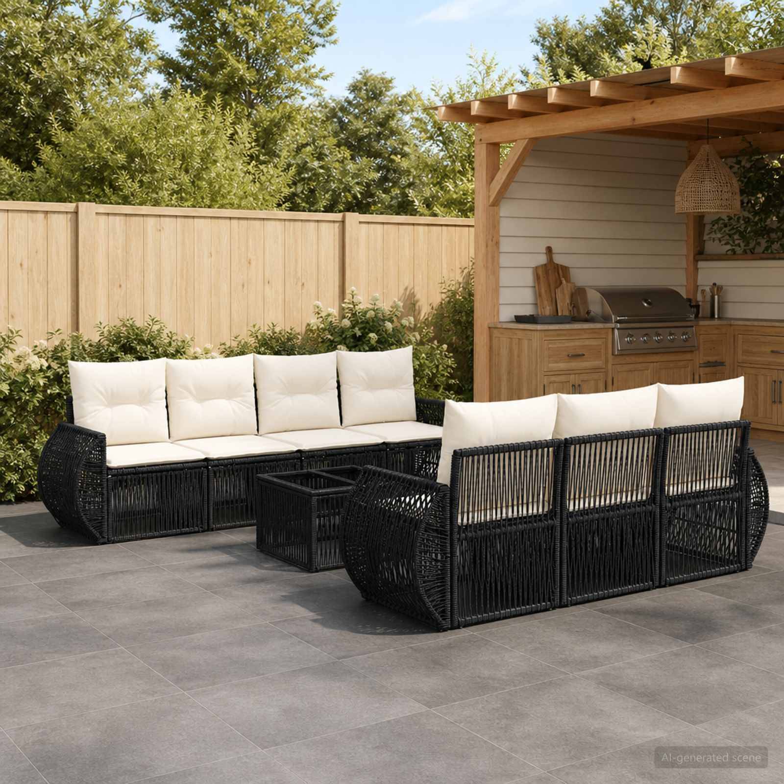 Outdoor-Terrasse mit zwei schwarzen Polyrattan-Sofas mit weißen Kissen, einem passenden Couchtisch und einem pergola-überdachten Grillschrank neben einem Holzzaun.