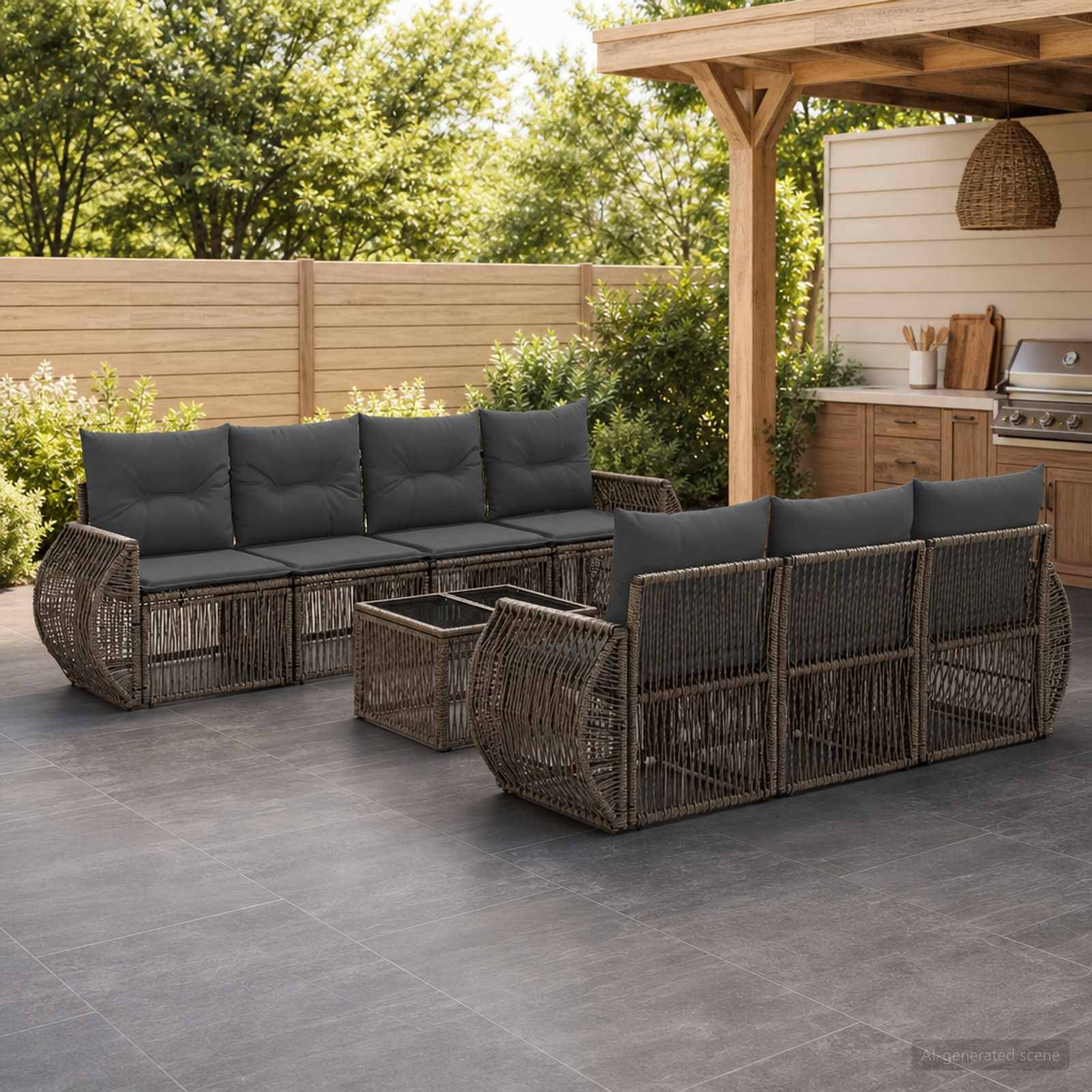 Outdoor-Sitzmöbel-Set mit Korbsofa, Stühlen und Couchtisch auf einer überdachten Terrasse neben einem integrierten Grillbereich.