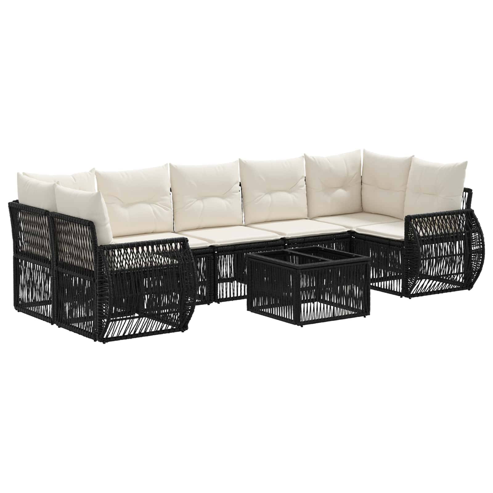 Schwarzes Korb-Außensektional-Sofaset mit cremefarbenen Kissen und passenden quadratischen Couchtischen