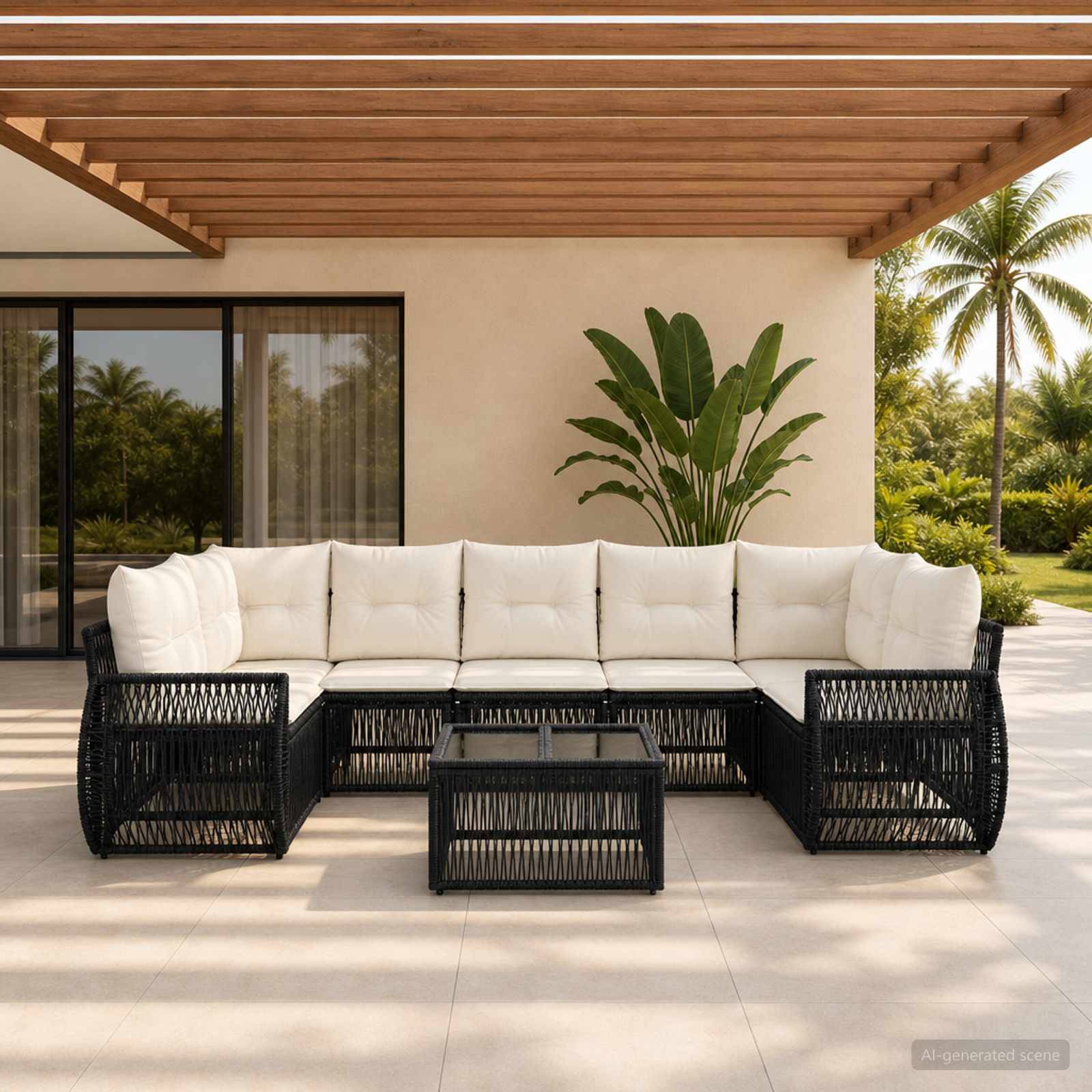 Überdachte Terrasse mit schwarzem Gartenmöbel-Ecksofa aus Polyrattan, weißen Kissen und Glascouchtisch neben einer Schiebetür und tropischer Landschaftsgestaltung.