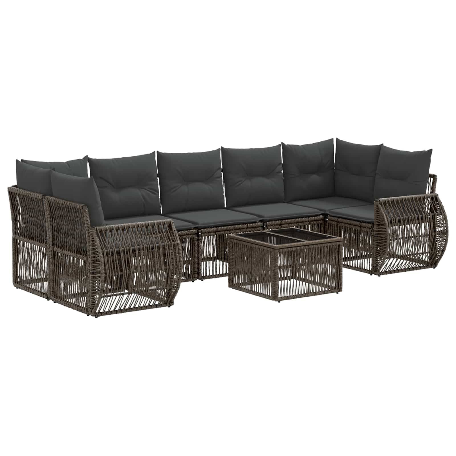 Outdoor-Rattanecksofa-Set mit dunklen Kissen und zwei passenden Glastisch-Couchtischen