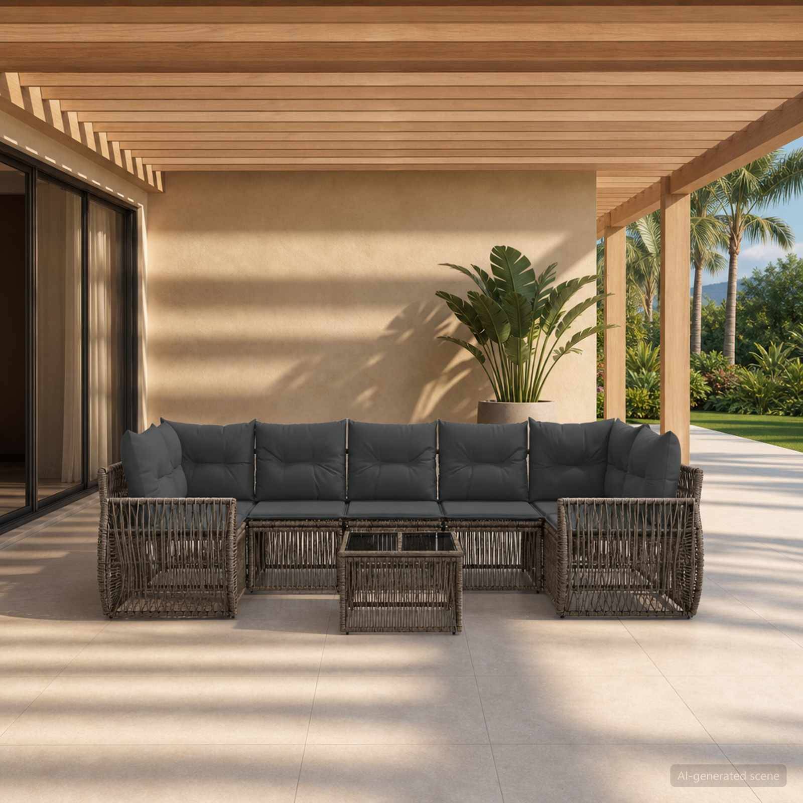 Outdoor-Terrasse mit einer Korbgeflecht-Eckgarnitur und Couchtisch unter einer Holzpergola, neben einer Schiebeglaswand, mit Palmen und Rasen dahinter.