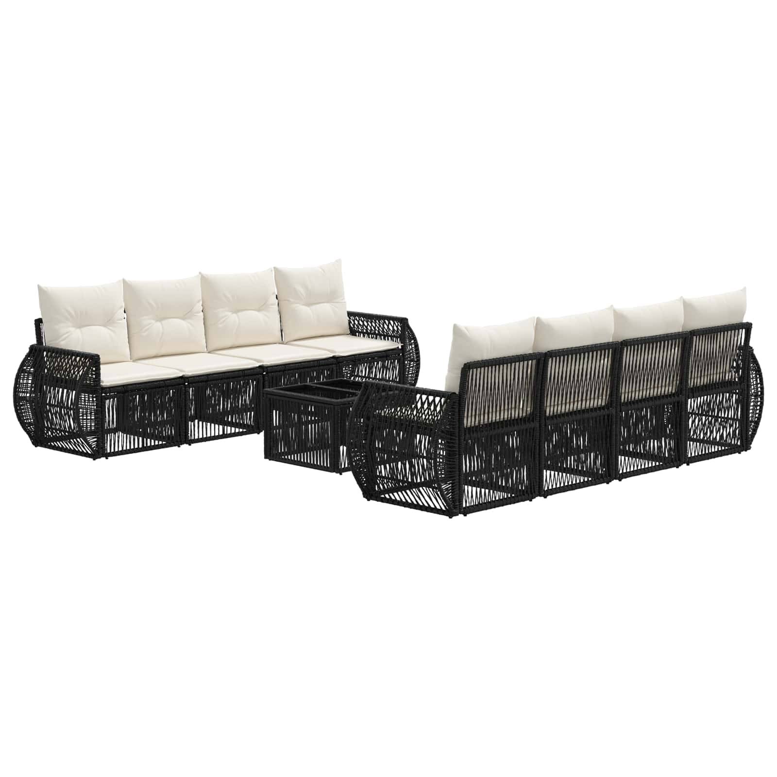 Schwarzes geflochtenes Outdoor-Ecksofa-Set mit cremefarbenen Kissen, dargestellt als zwei aufeinander abgestimmte Sofas mit einem kleinen quadratischen Tisch dazwischen.