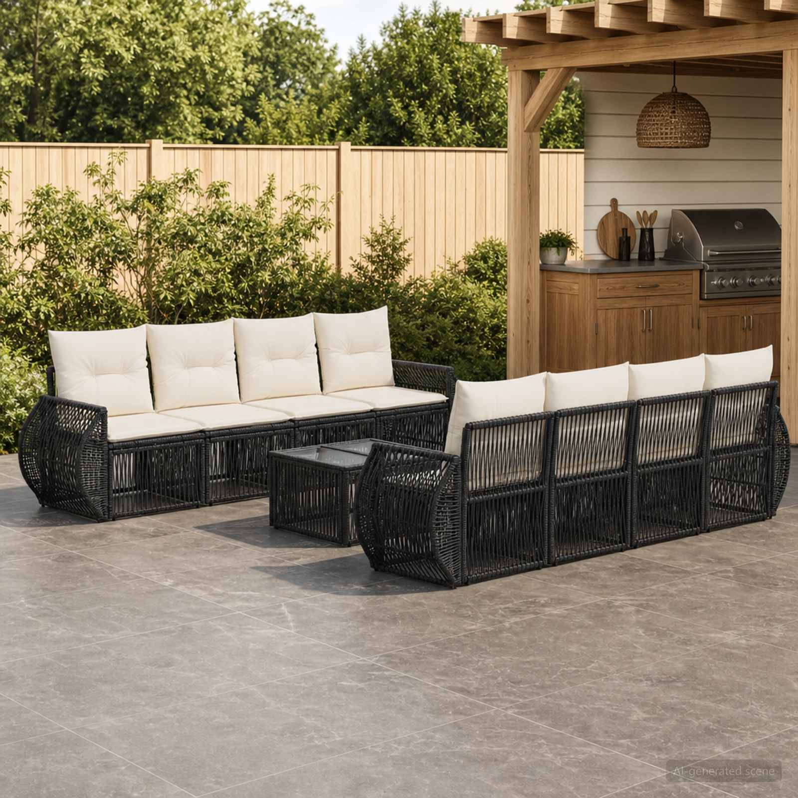 Schwarzes Rattan-Gartensektionalsofa mit weißen Kissen um einen niedrigen Tisch auf einer Terrasse neben einer Gartenbar und einem Zaun.