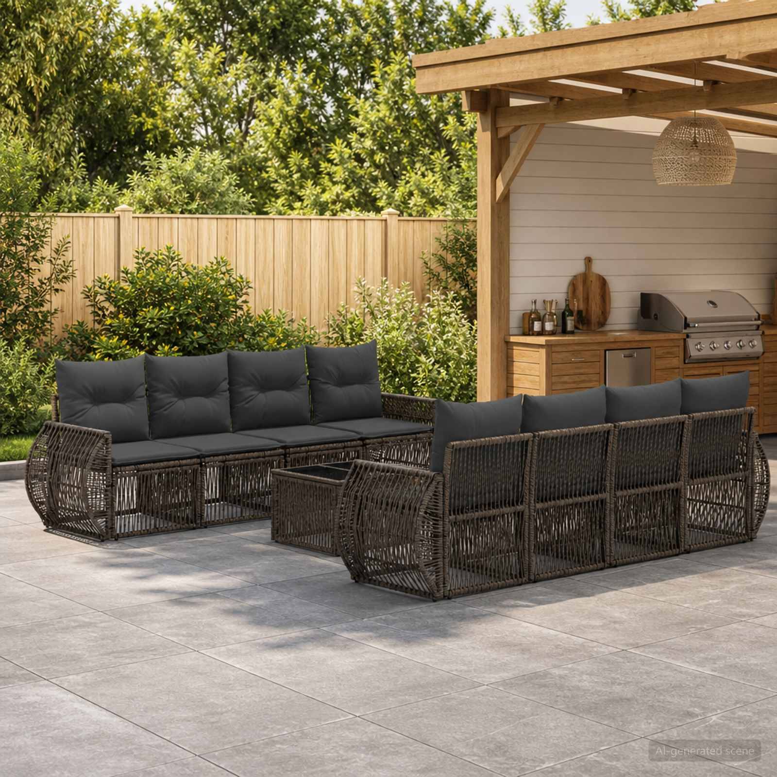 Outdoor-Sitzbereiche auf der Terrasse mit zwei dunklen Rattansektionalsofas und Kissen neben einer überdachten Außenküche und einem Grill.